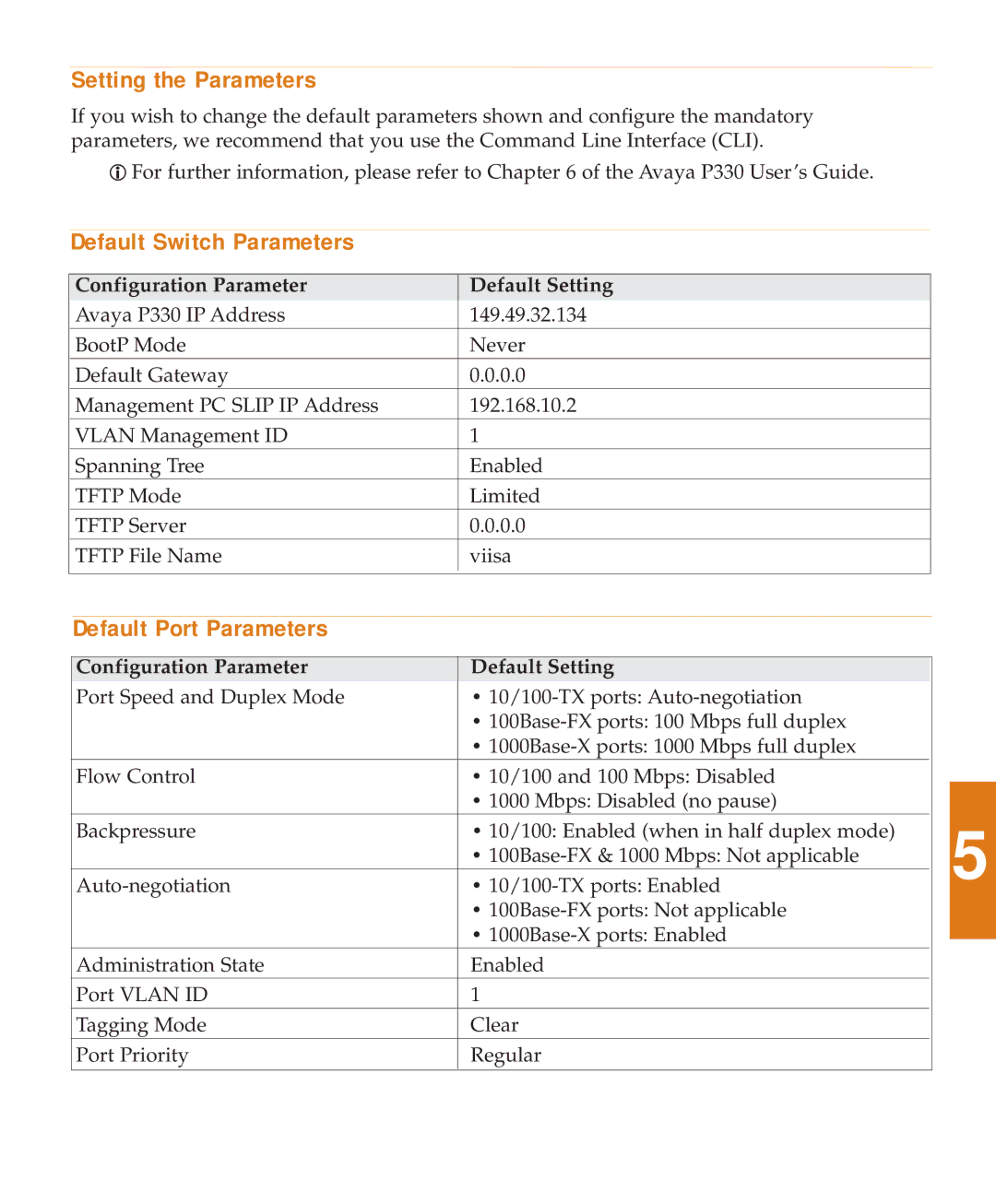 Avaya P333T quick start Setting the Parameters, Default Switch Parameters, Default Port Parameters 