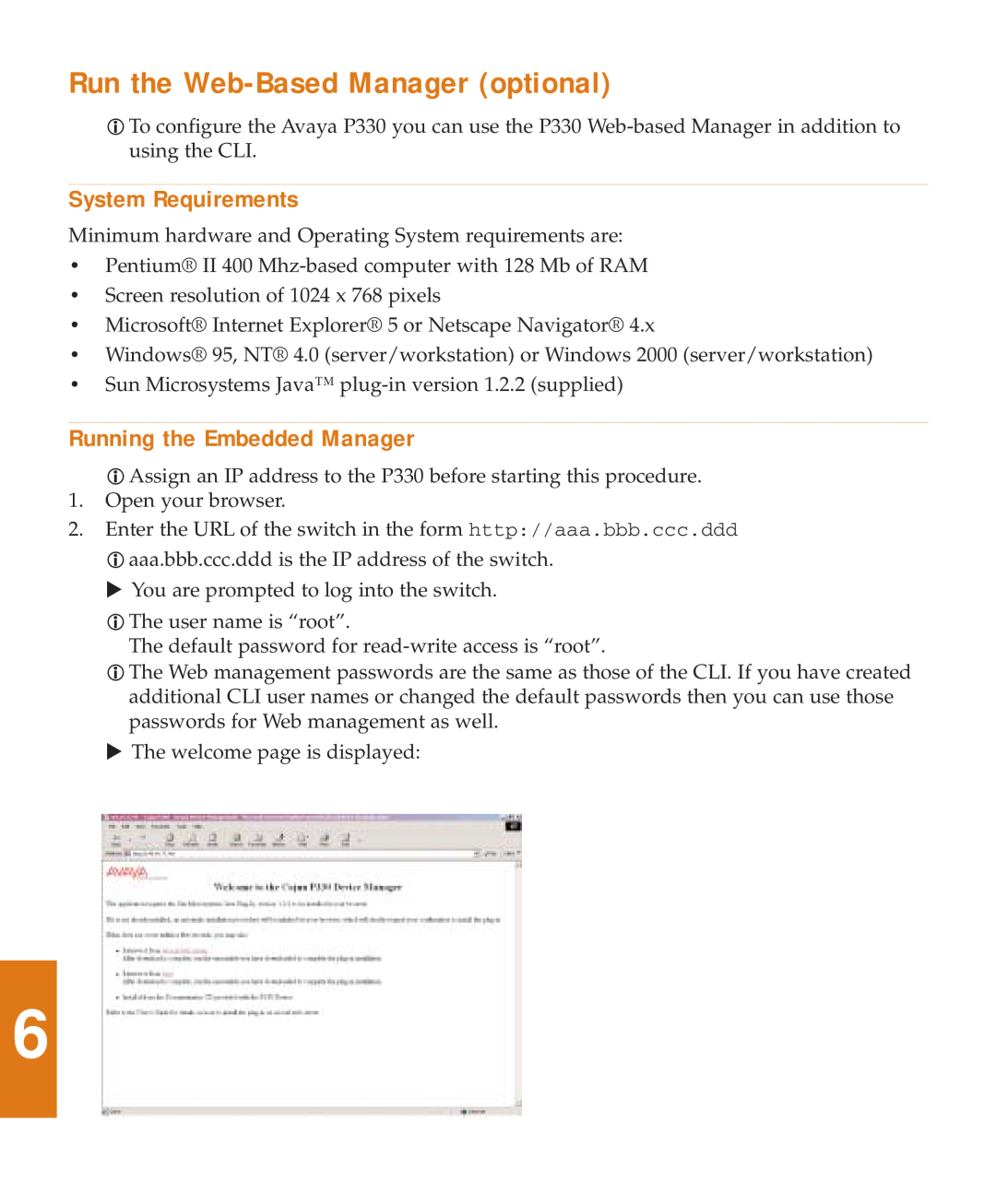 Avaya P333T quick start Run the Web-Based Manager optional, System Requirements, Running the Embedded Manager 
