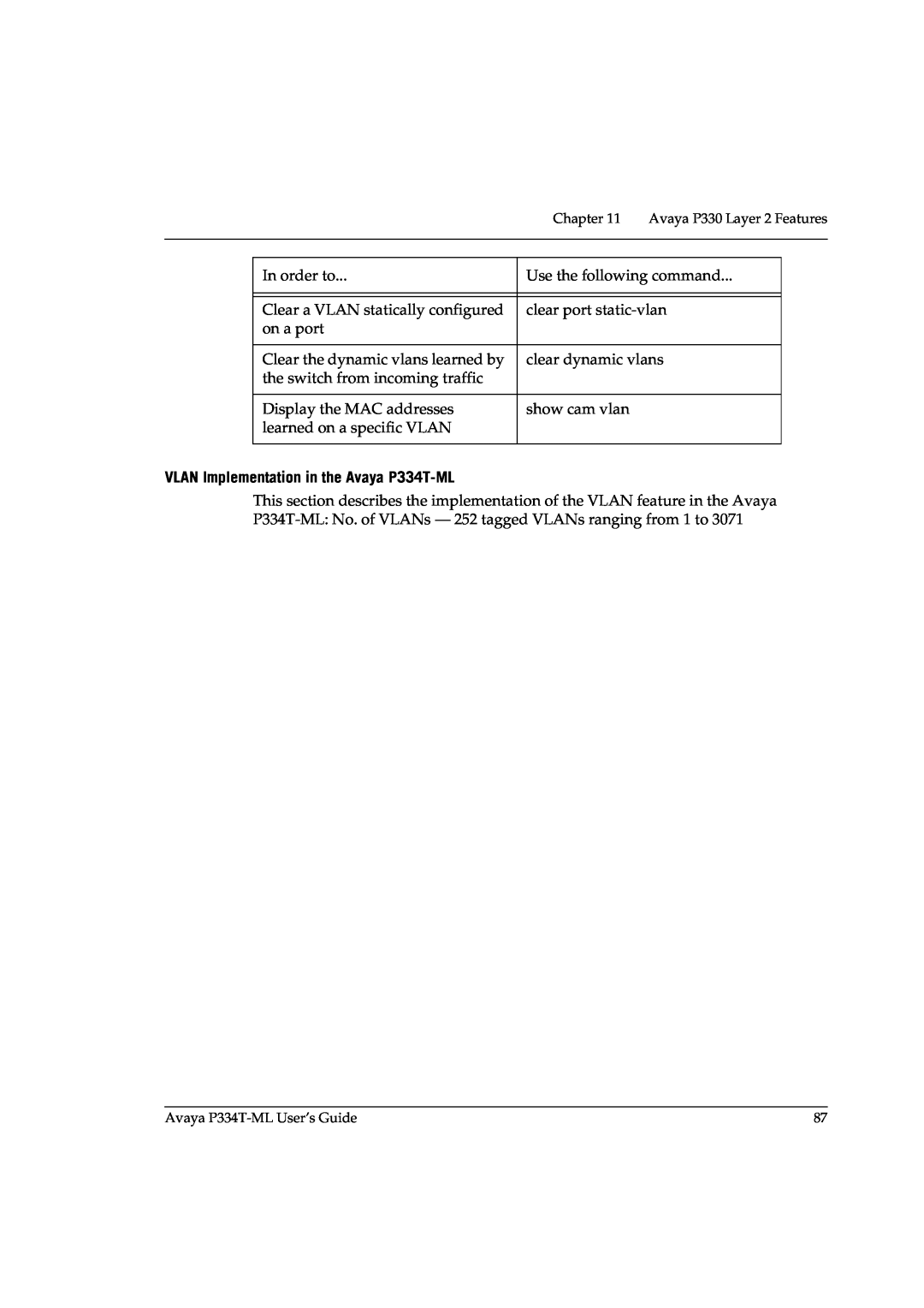 Avaya P3343T-ML manual VLAN Implementation in the Avaya P334T-ML 