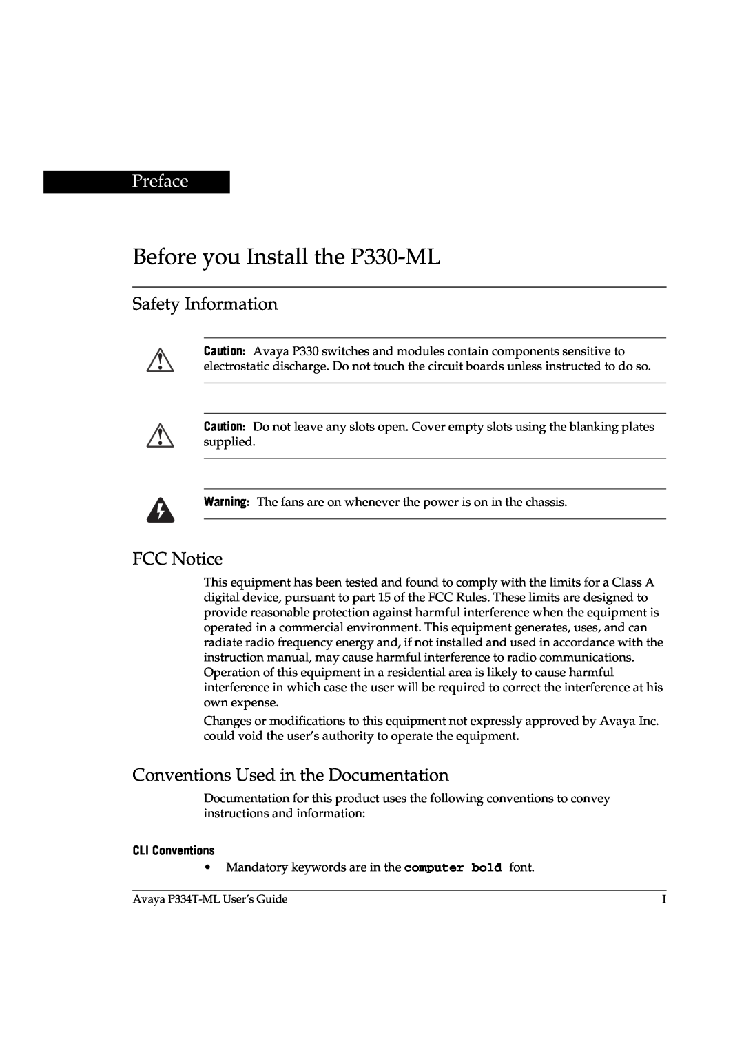 Avaya P3343T-ML manual Before you Install the P330-ML, Preface, Safety Information, FCC Notice, CLI Conventions 