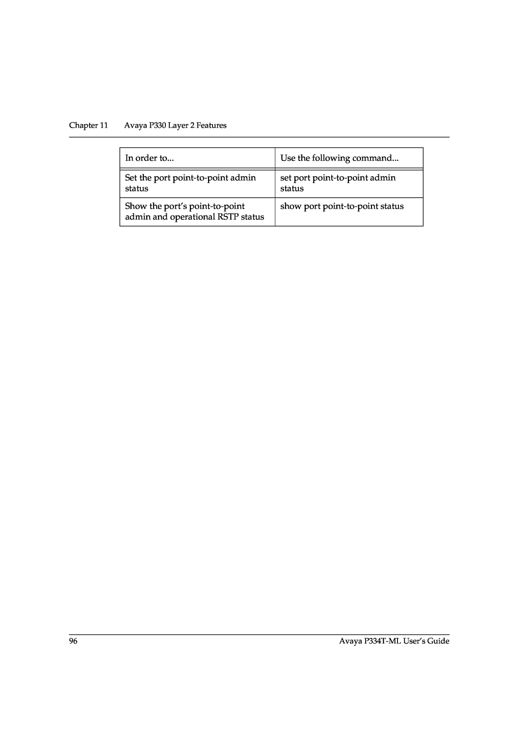 Avaya P3343T-ML In order to, Use the following command, Set the port point-to-point admin, set port point-to-point admin 