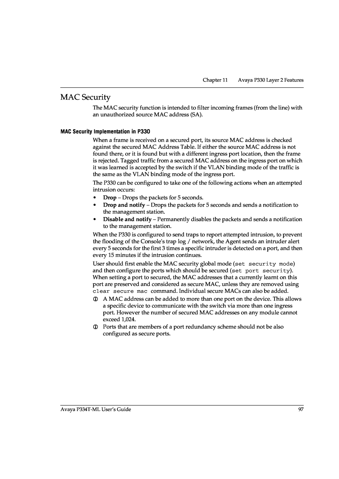Avaya P3343T-ML manual MAC Security Implementation in P330 