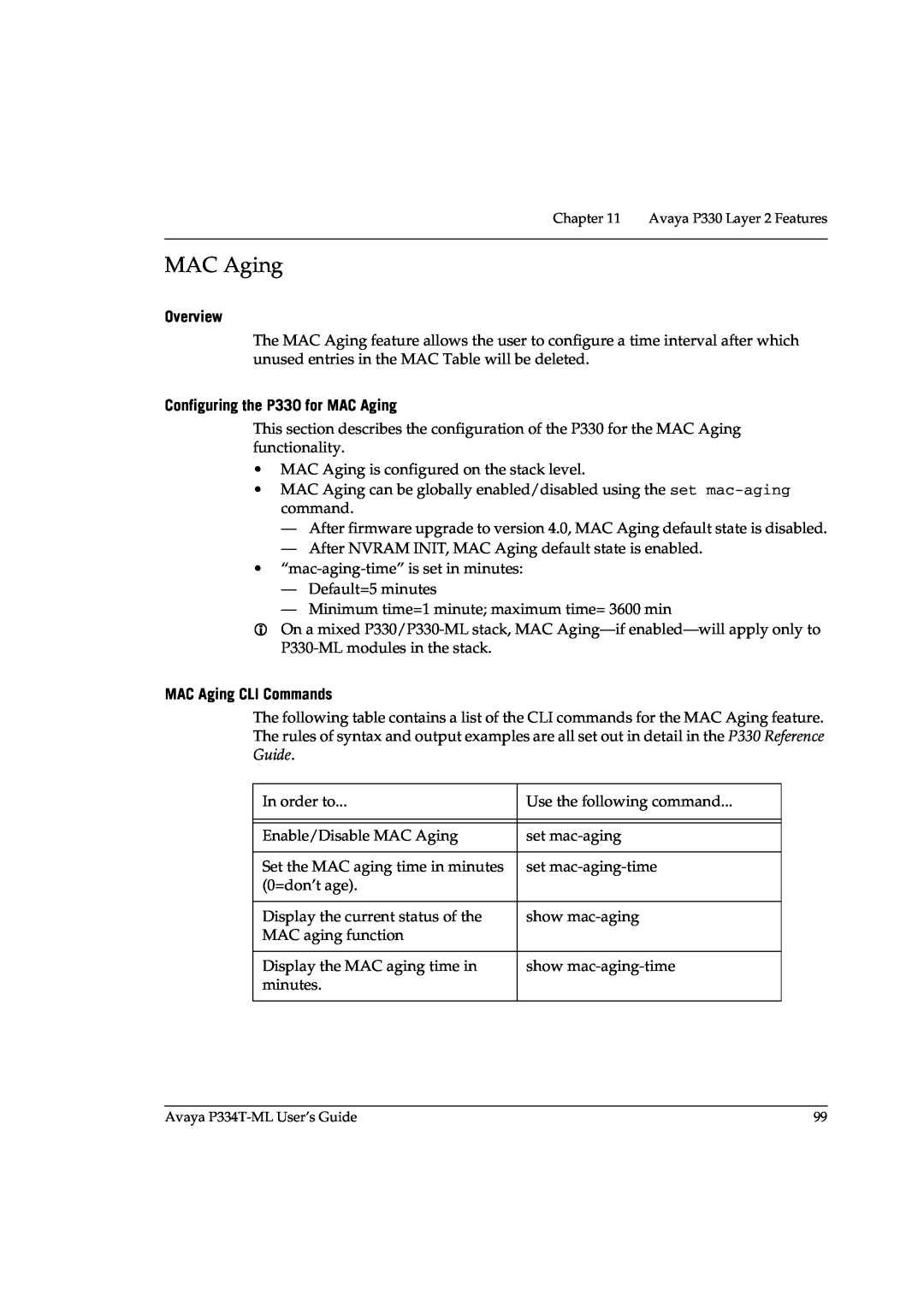 Avaya P3343T-ML manual Configuring the P330 for MAC Aging, MAC Aging CLI Commands, Overview 