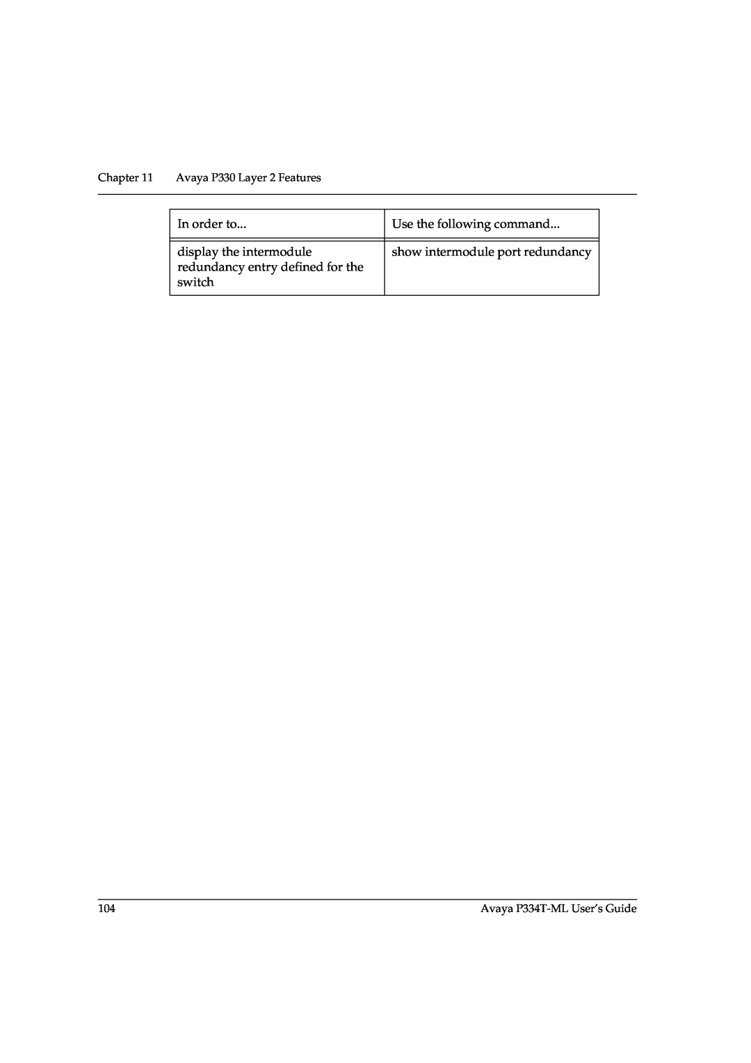 Avaya P3343T-ML In order to, Use the following command, display the intermodule, show intermodule port redundancy, switch 