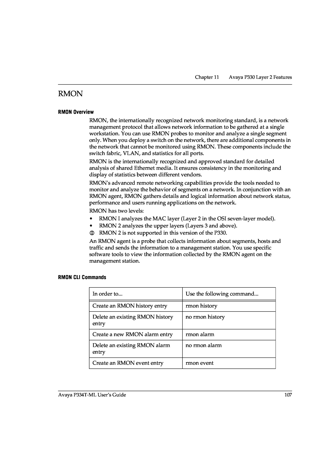 Avaya P3343T-ML manual Rmon, RMON Overview, RMON CLI Commands 