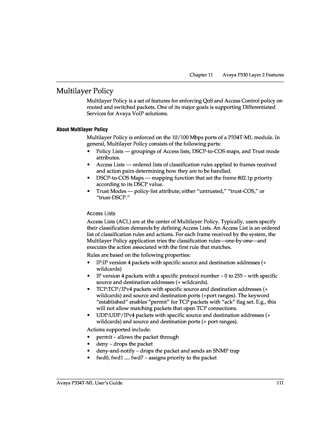 Avaya P3343T-ML manual About Multilayer Policy 