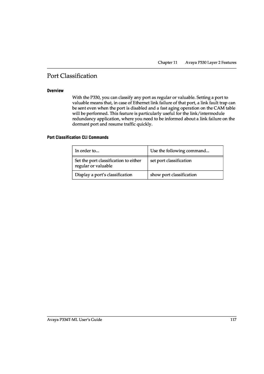 Avaya P3343T-ML manual Port Classification CLI Commands, Overview 