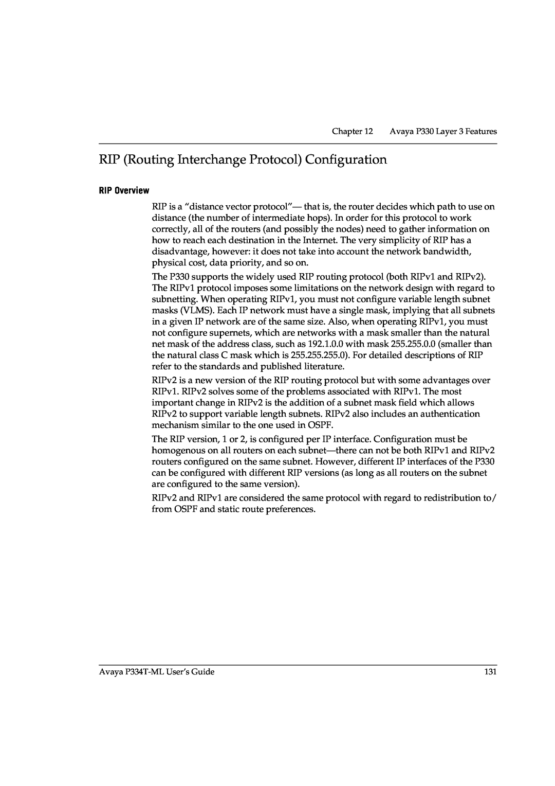 Avaya P3343T-ML manual RIP Routing Interchange Protocol Configuration, RIP Overview 