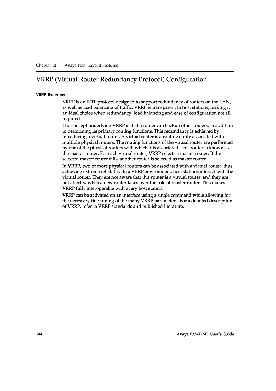 Avaya P3343T-ML manual VRRP Virtual Router Redundancy Protocol Configuration, VRRP Overview 