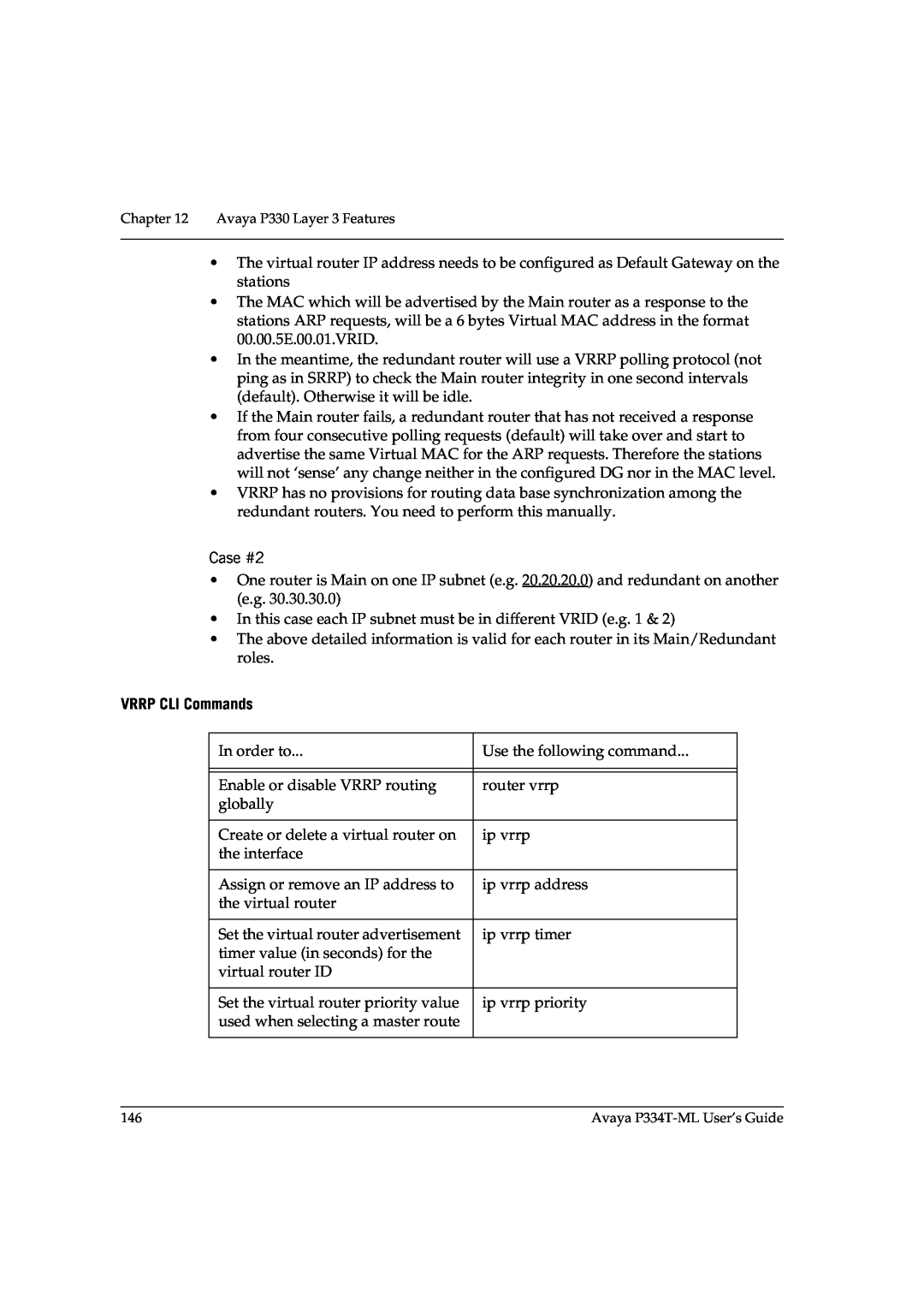 Avaya P3343T-ML manual Case #2, VRRP CLI Commands 