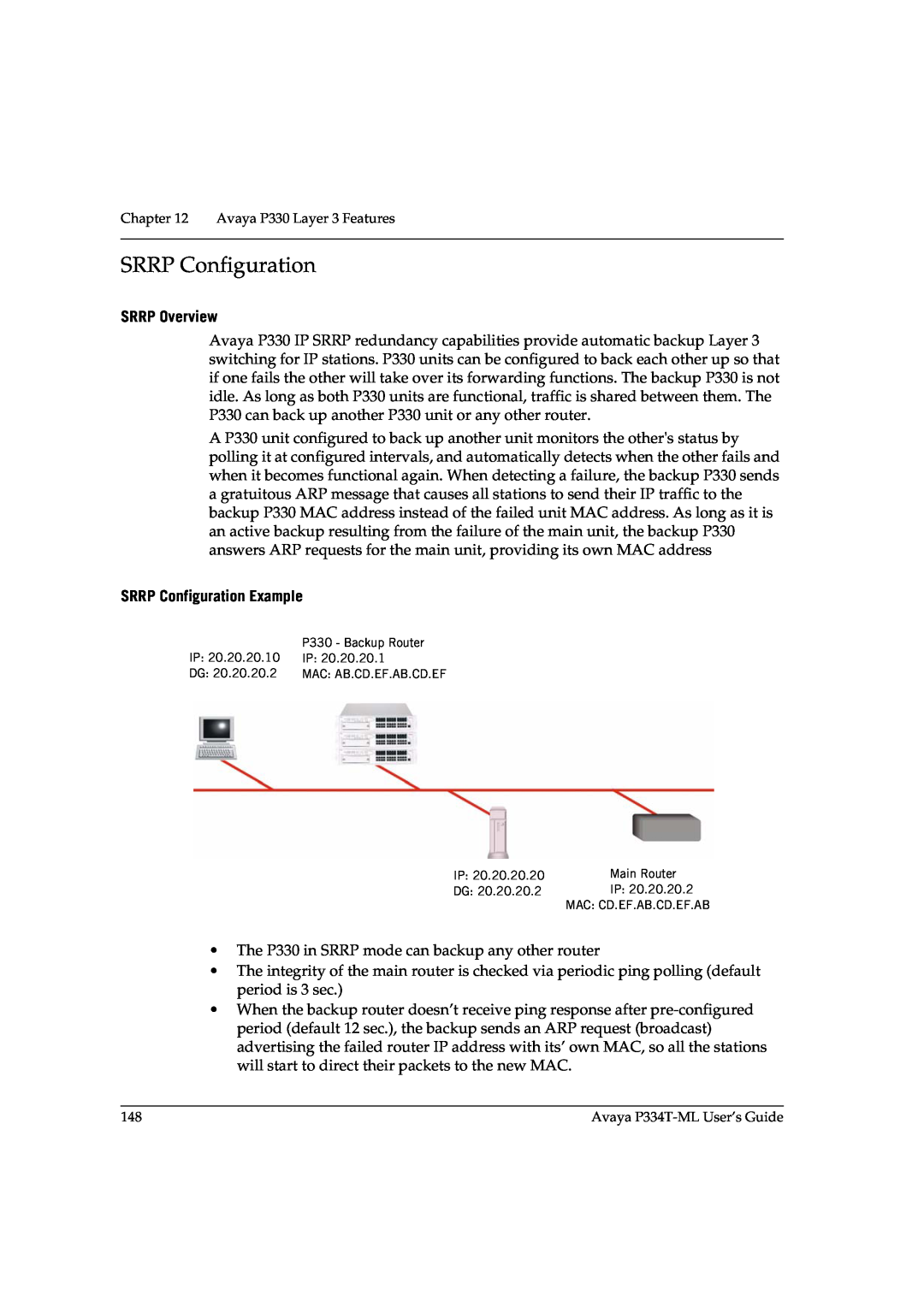 Avaya P3343T-ML manual SRRP Overview, SRRP Configuration Example 