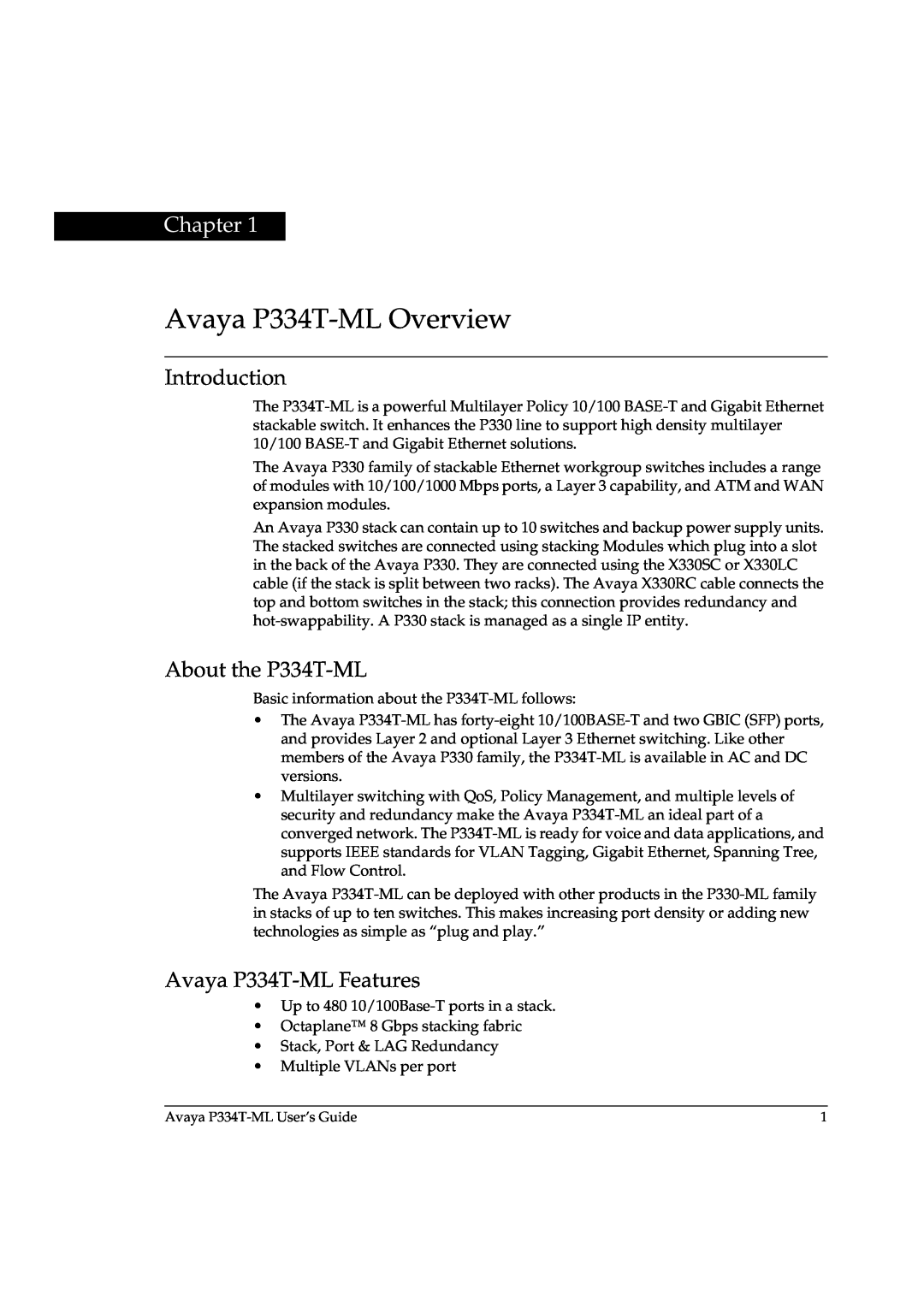Avaya P3343T-ML manual Avaya P334T-ML Overview, Chapter, Introduction, About the P334T-ML, Avaya P334T-ML Features 