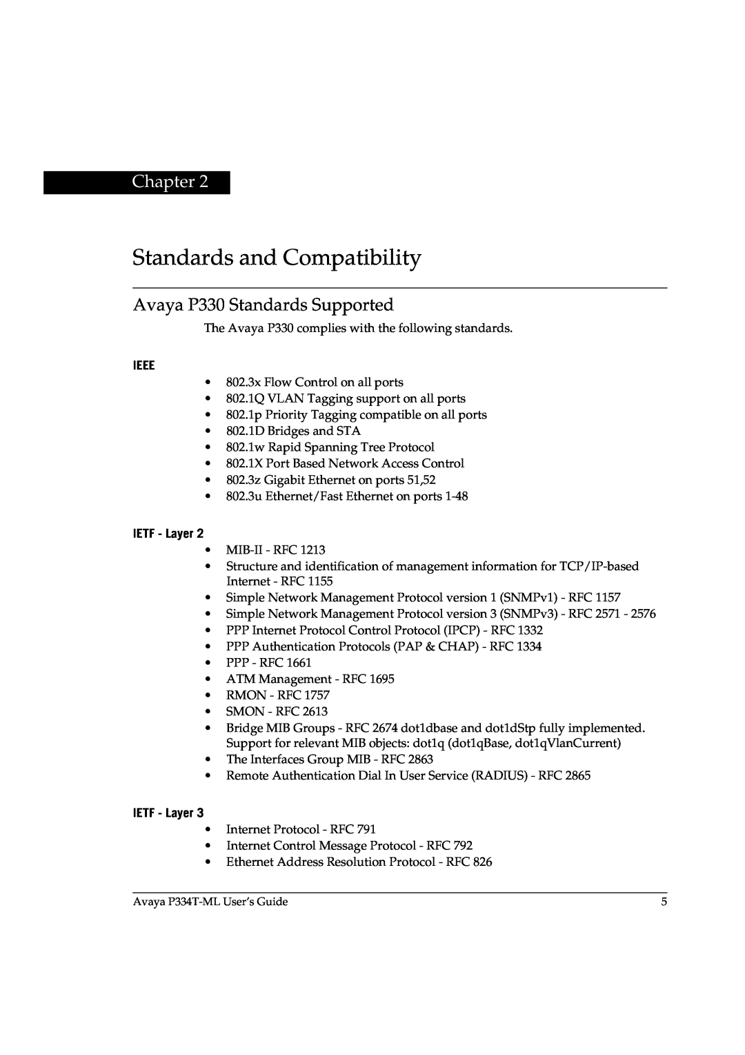 Avaya P3343T-ML manual Standards and Compatibility, Avaya P330 Standards Supported, Ieee, IETF - Layer, Chapter 