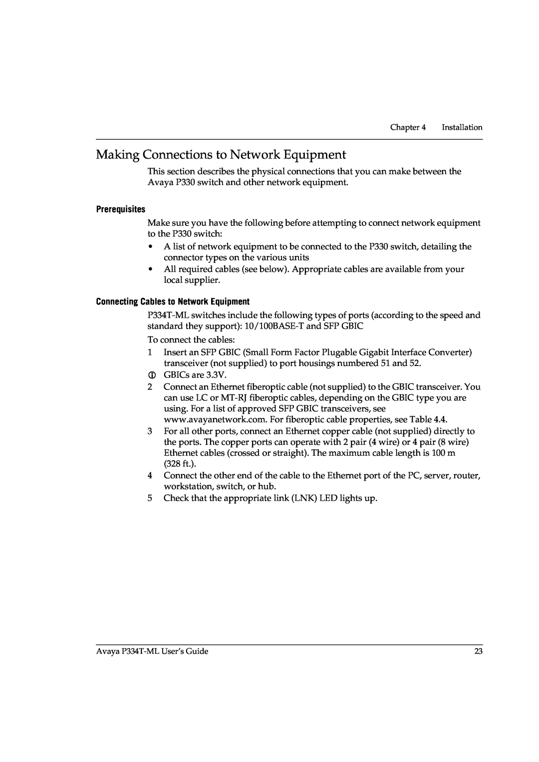 Avaya P3343T-ML manual Making Connections to Network Equipment, Prerequisites, Connecting Cables to Network Equipment 
