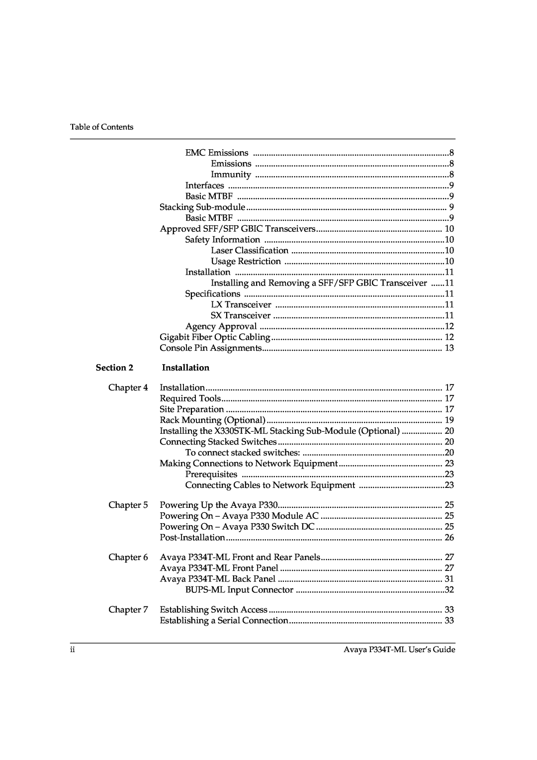 Avaya P3343T-ML manual Section, Installation 