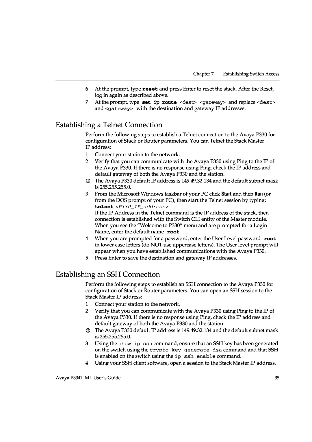 Avaya P3343T-ML manual Establishing a Telnet Connection, Establishing an SSH Connection 