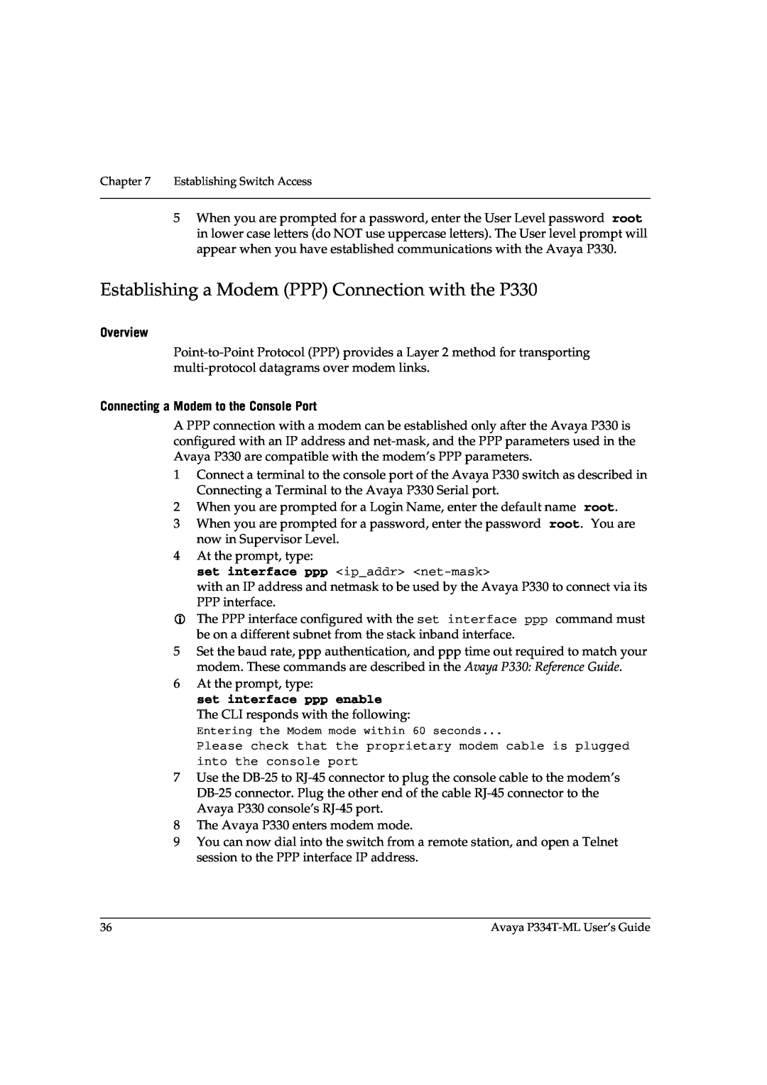 Avaya P3343T-ML manual Establishing a Modem PPP Connection with the P330, Overview, Connecting a Modem to the Console Port 