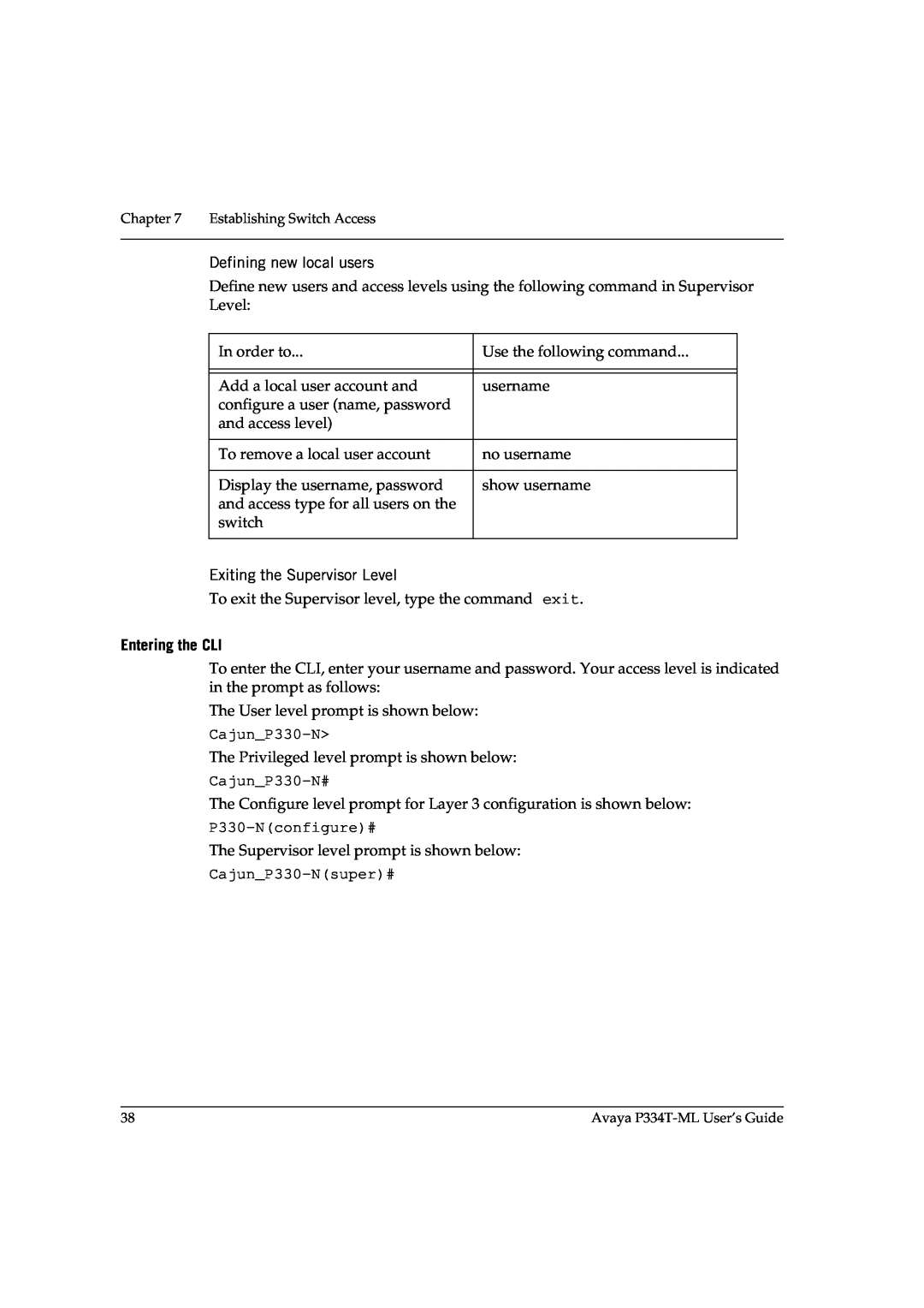 Avaya P3343T-ML manual Entering the CLI 