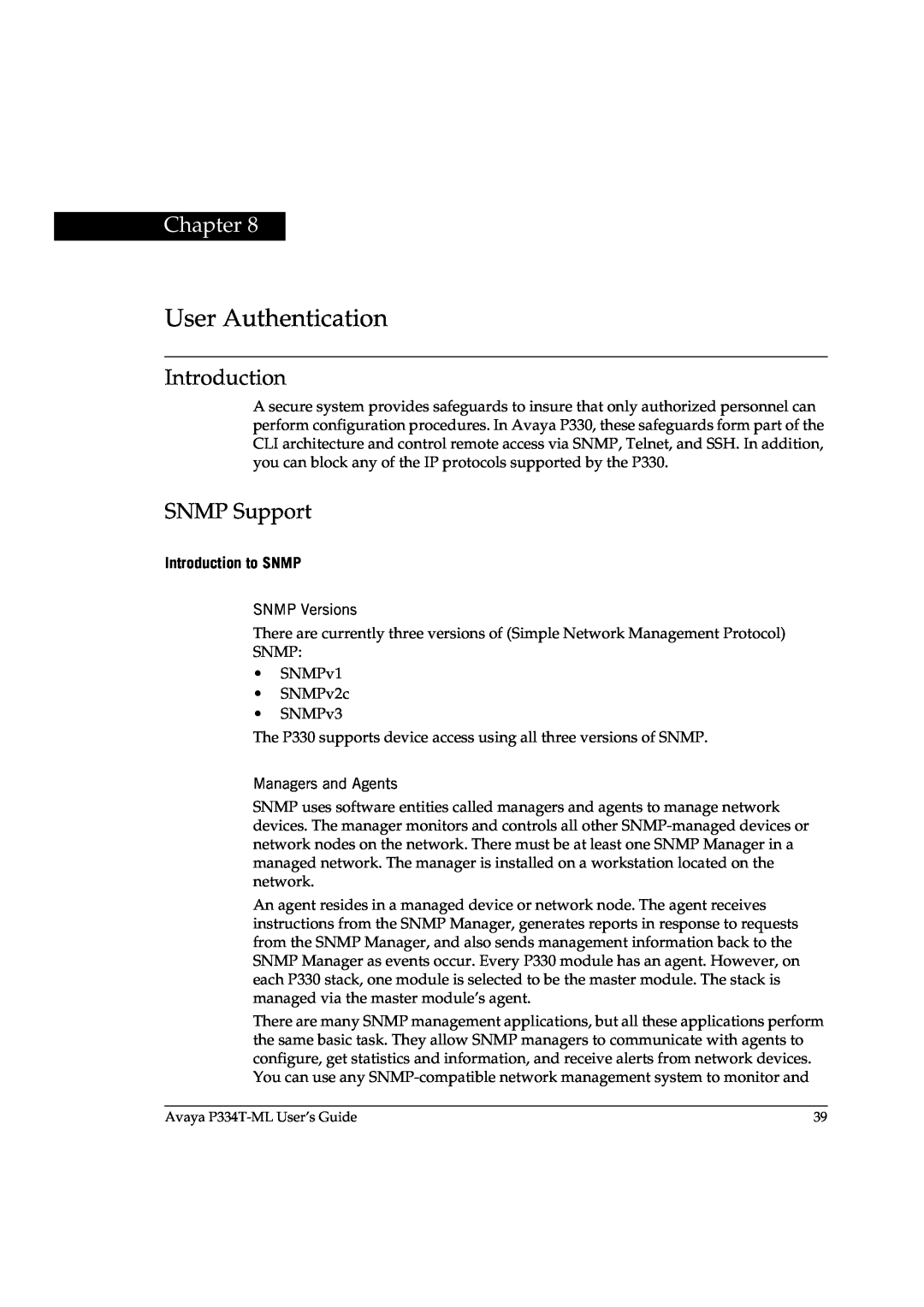 Avaya P3343T-ML manual User Authentication, SNMP Support, Introduction to SNMP, Chapter 