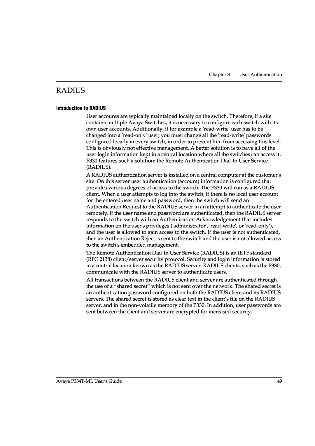 Avaya P3343T-ML manual Radius, Introduction to RADIUS 