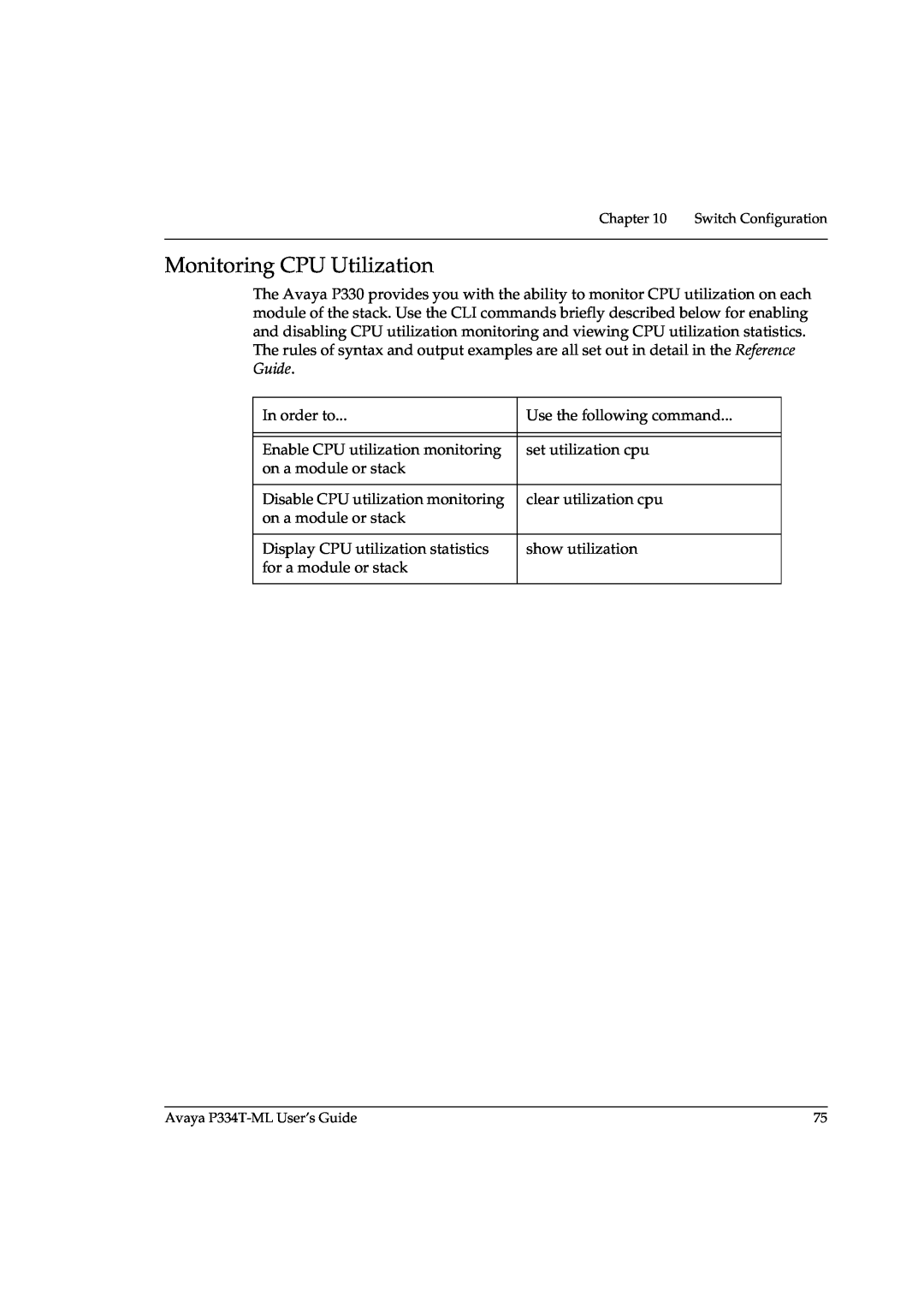 Avaya P3343T-ML manual Monitoring CPU Utilization 