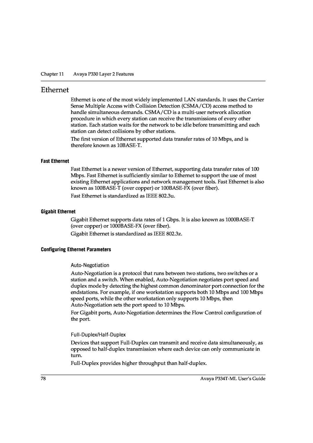 Avaya P3343T-ML manual Fast Ethernet, Gigabit Ethernet, Configuring Ethernet Parameters 