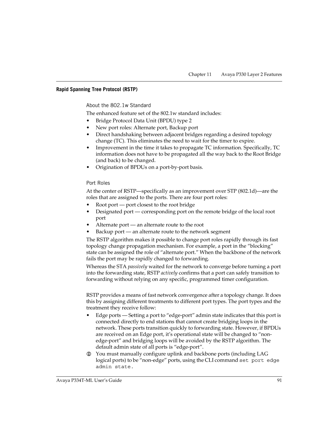 Avaya P334T-ML manual Rapid Spanning Tree Protocol Rstp, About the 802.1w Standard, Port Roles 