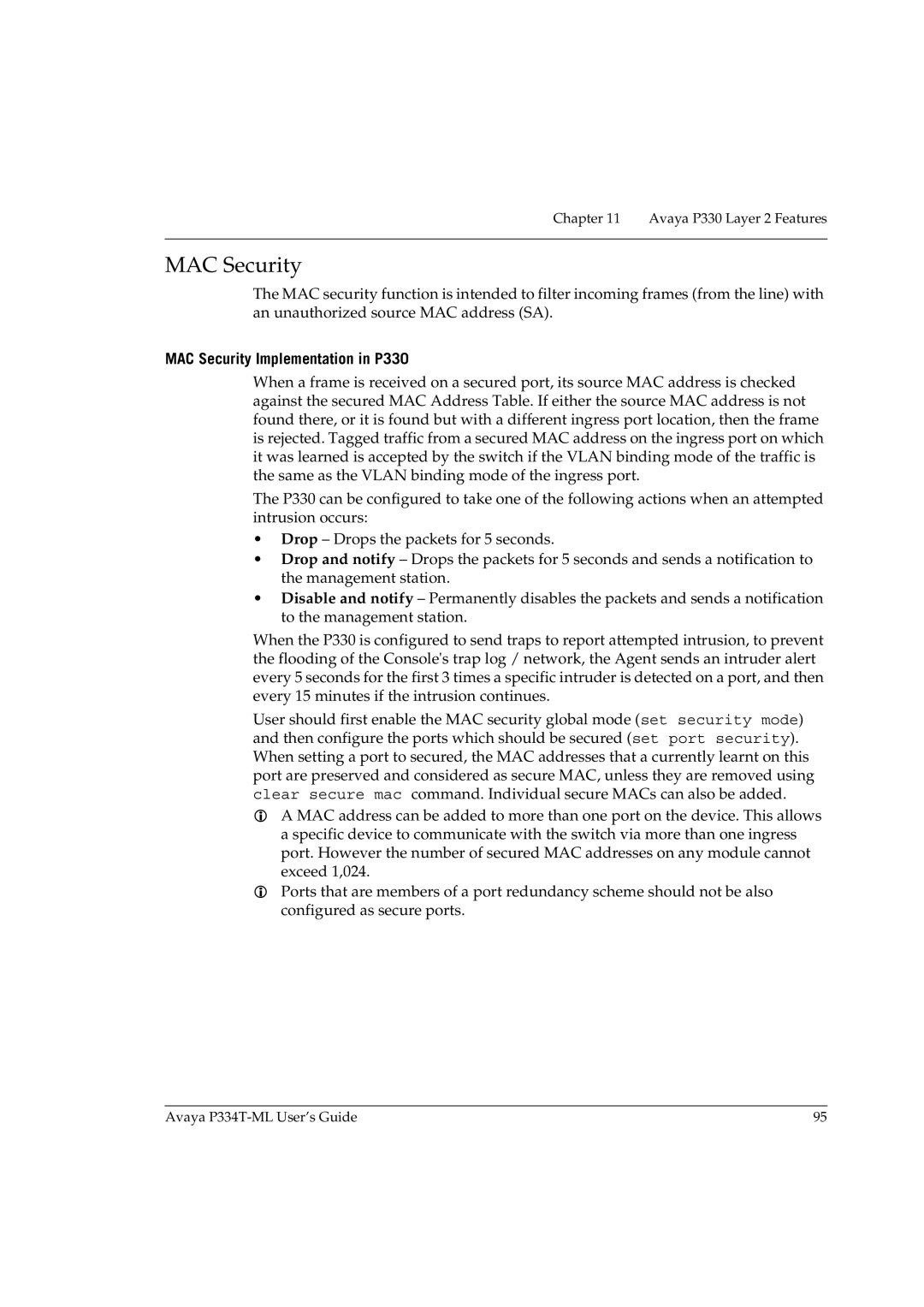 Avaya P334T-ML manual MAC Security Implementation in P330 