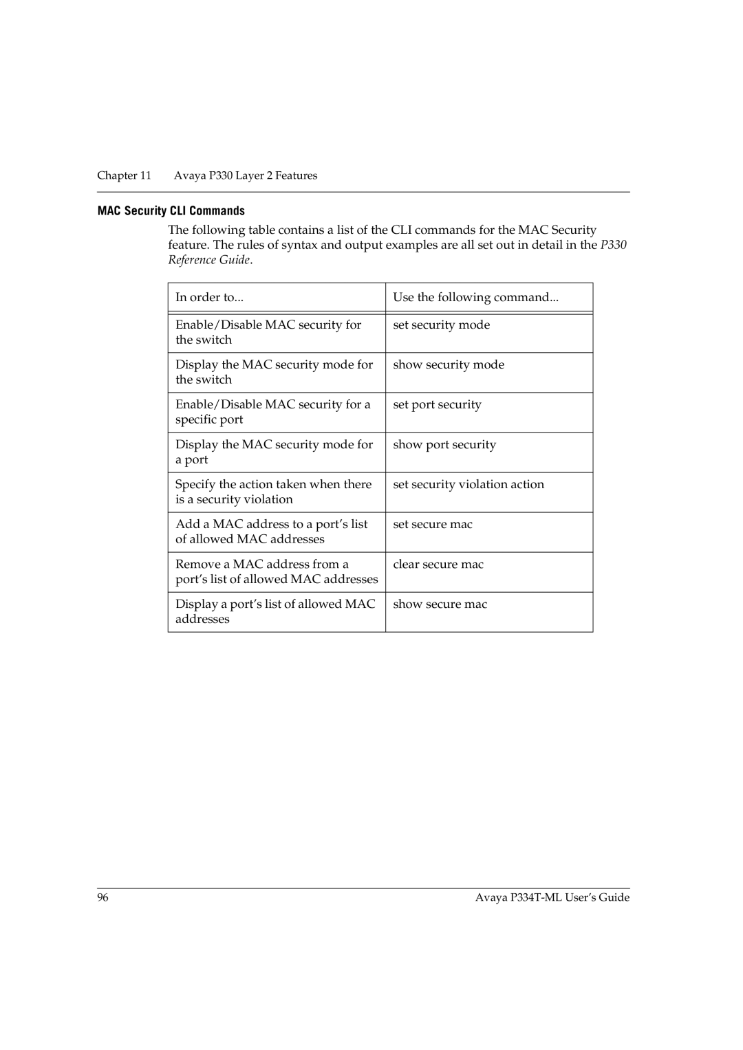 Avaya P334T-ML manual MAC Security CLI Commands 