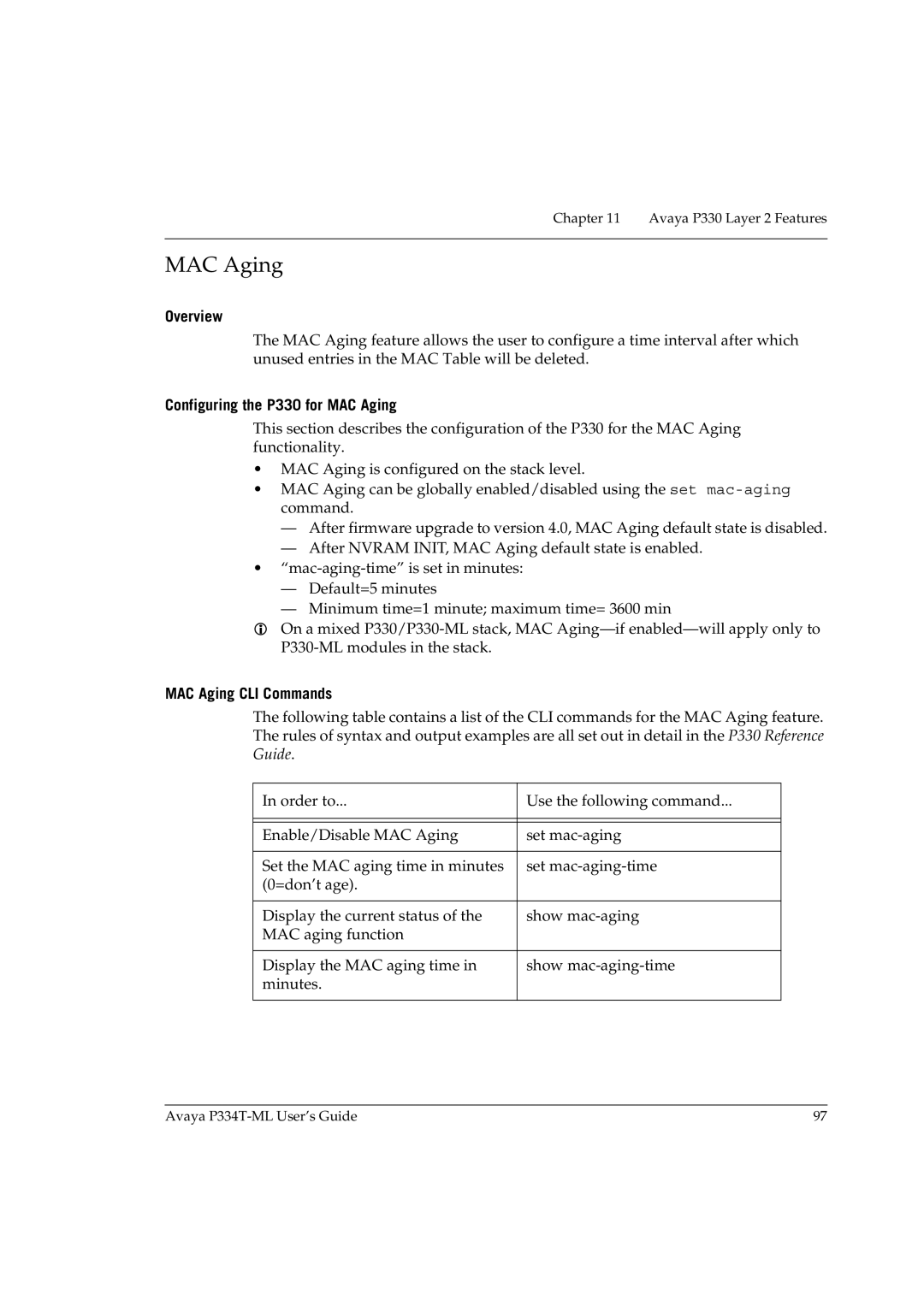 Avaya P334T-ML manual Configuring the P330 for MAC Aging, MAC Aging CLI Commands 