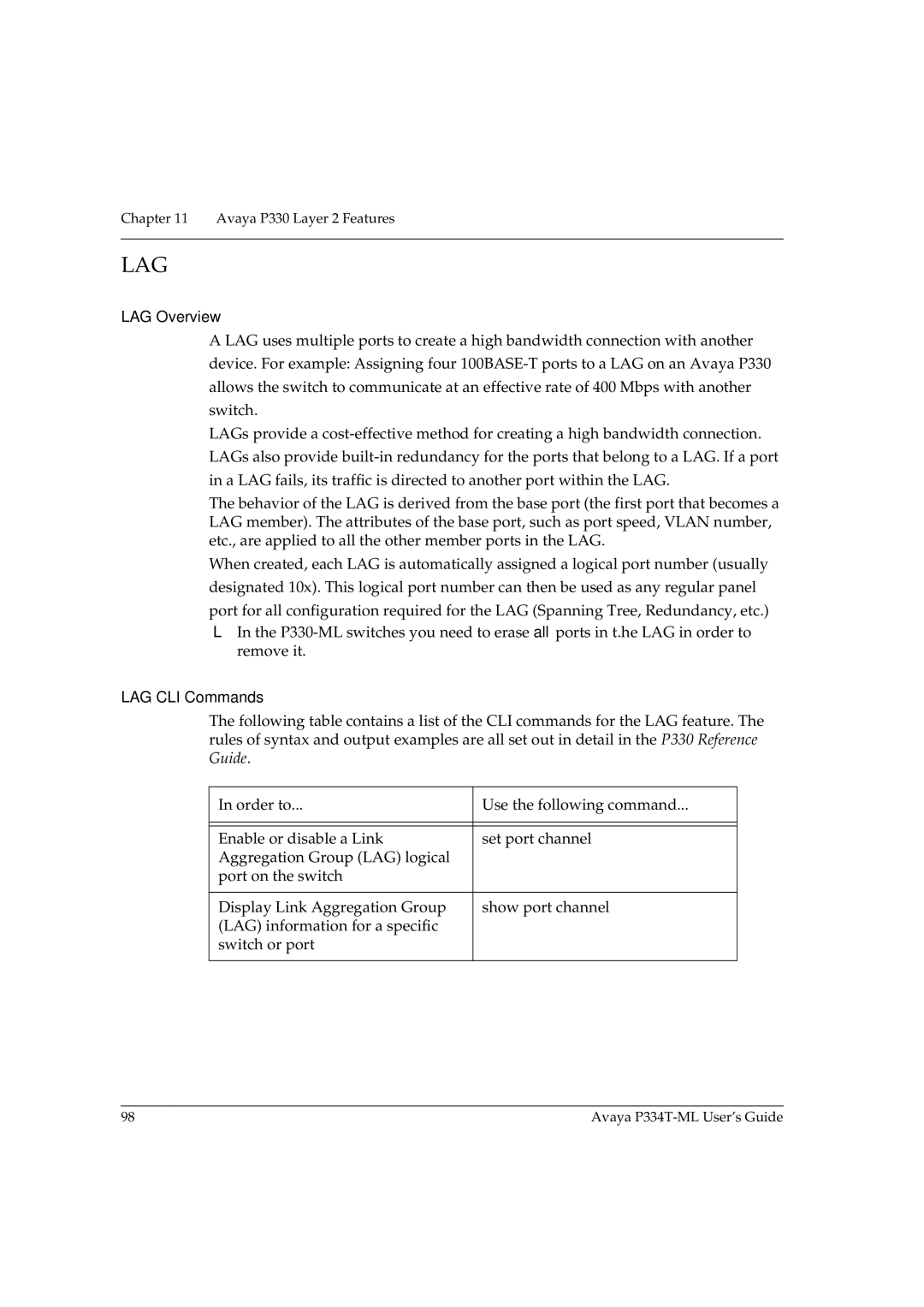 Avaya P334T-ML manual LAG Overview, LAG CLI Commands 