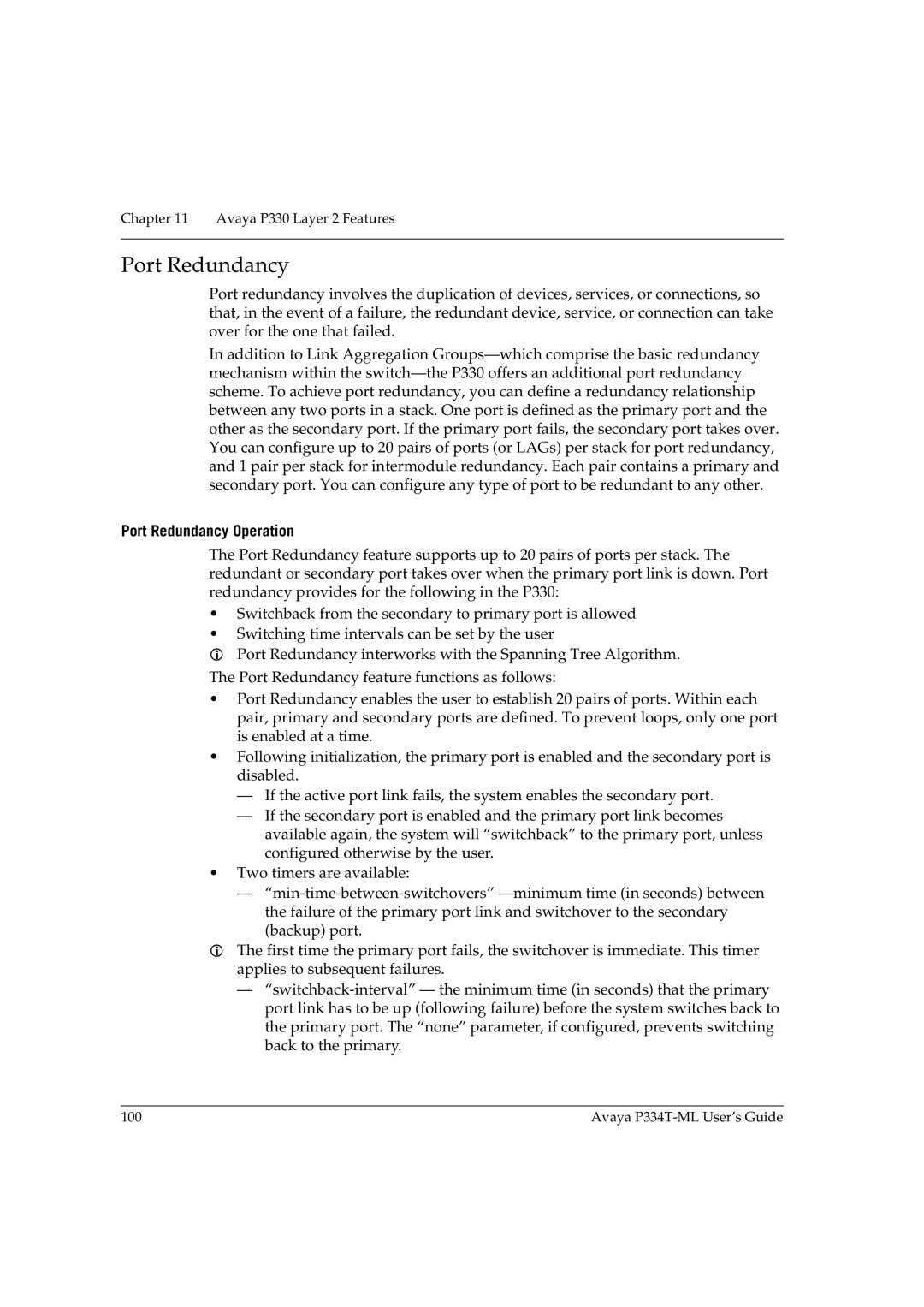 Avaya P334T-ML manual Port Redundancy Operation 