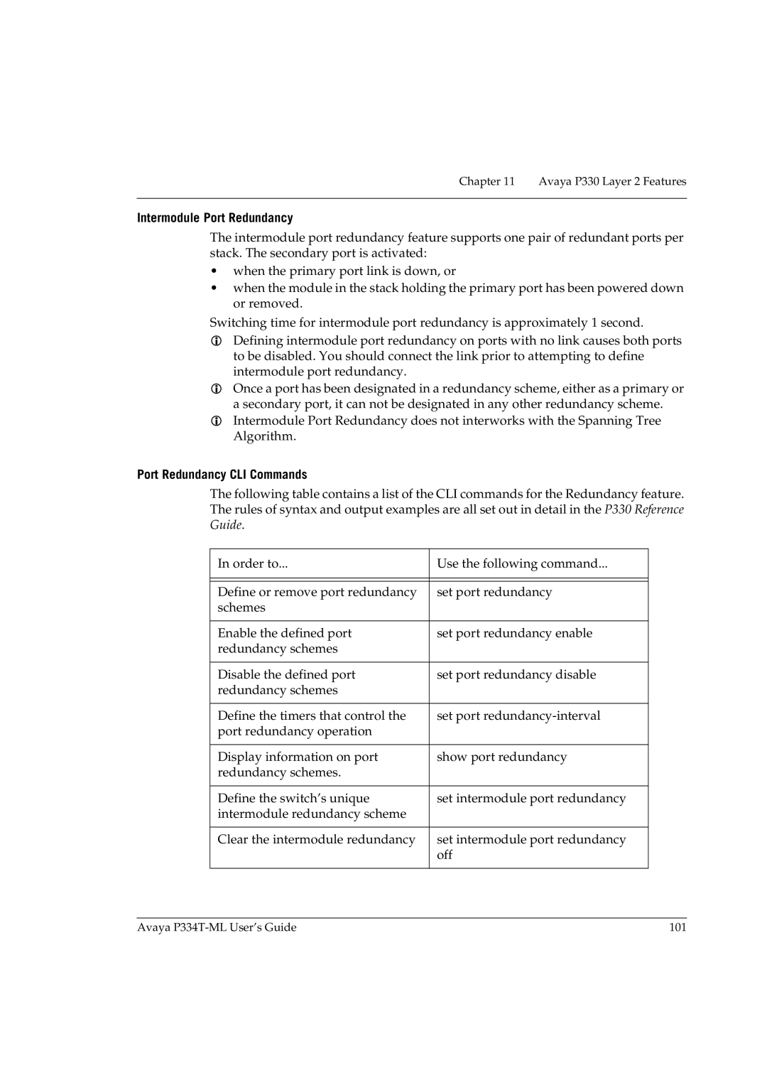 Avaya P334T-ML manual Intermodule Port Redundancy, Port Redundancy CLI Commands 