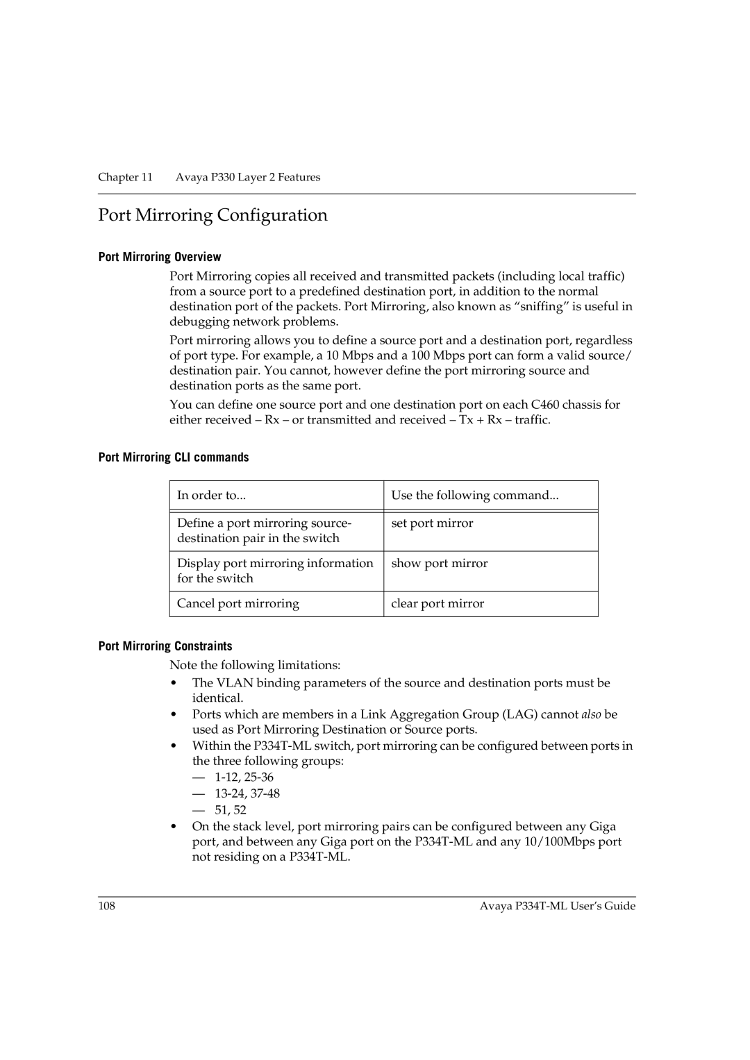 Avaya P334T-ML manual Port Mirroring Configuration, Port Mirroring Overview, Port Mirroring CLI commands 