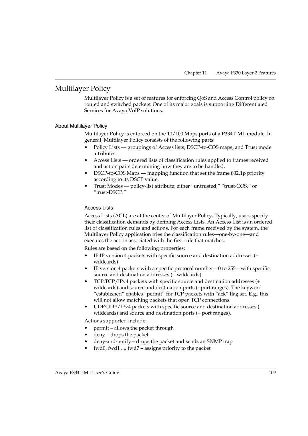 Avaya P334T-ML manual About Multilayer Policy, Access Lists 