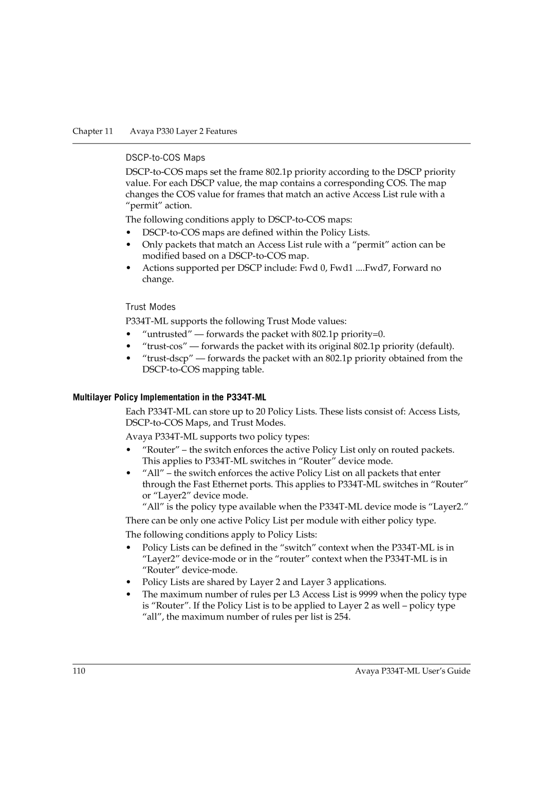 Avaya manual DSCP-to-COS Maps, Trust Modes, Multilayer Policy Implementation in the P334T-ML 