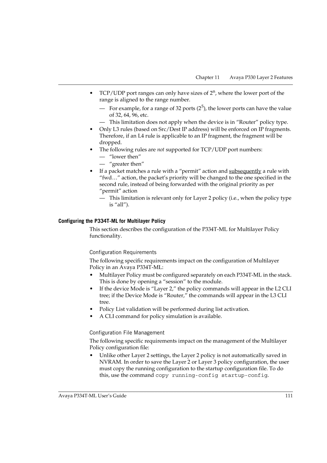 Avaya manual Configuring the P334T-ML for Multilayer Policy, Configuration Requirements, Configuration File Management 