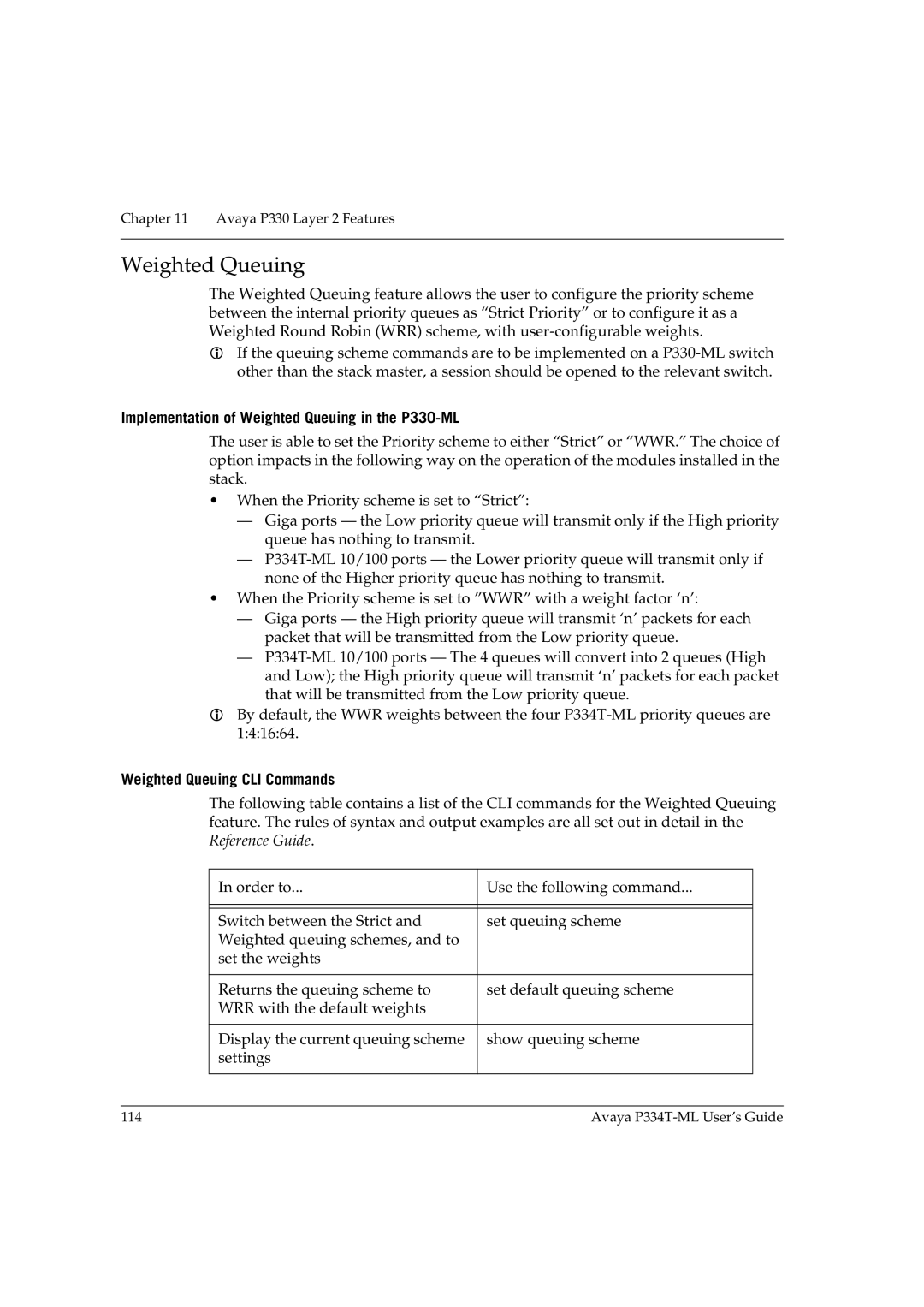 Avaya P334T-ML manual Implementation of Weighted Queuing in the P330-ML, Weighted Queuing CLI Commands 