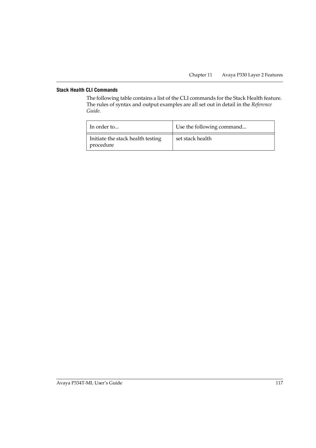 Avaya P334T-ML manual Stack Health CLI Commands 