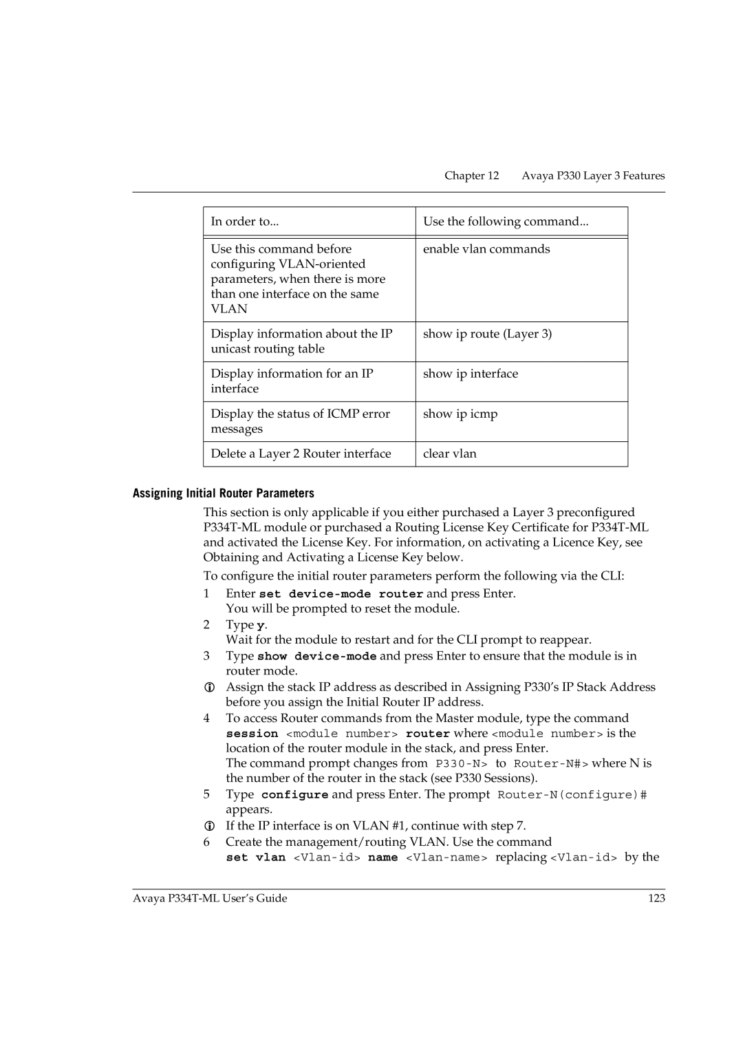 Avaya P334T-ML manual Vlan, Assigning Initial Router Parameters 