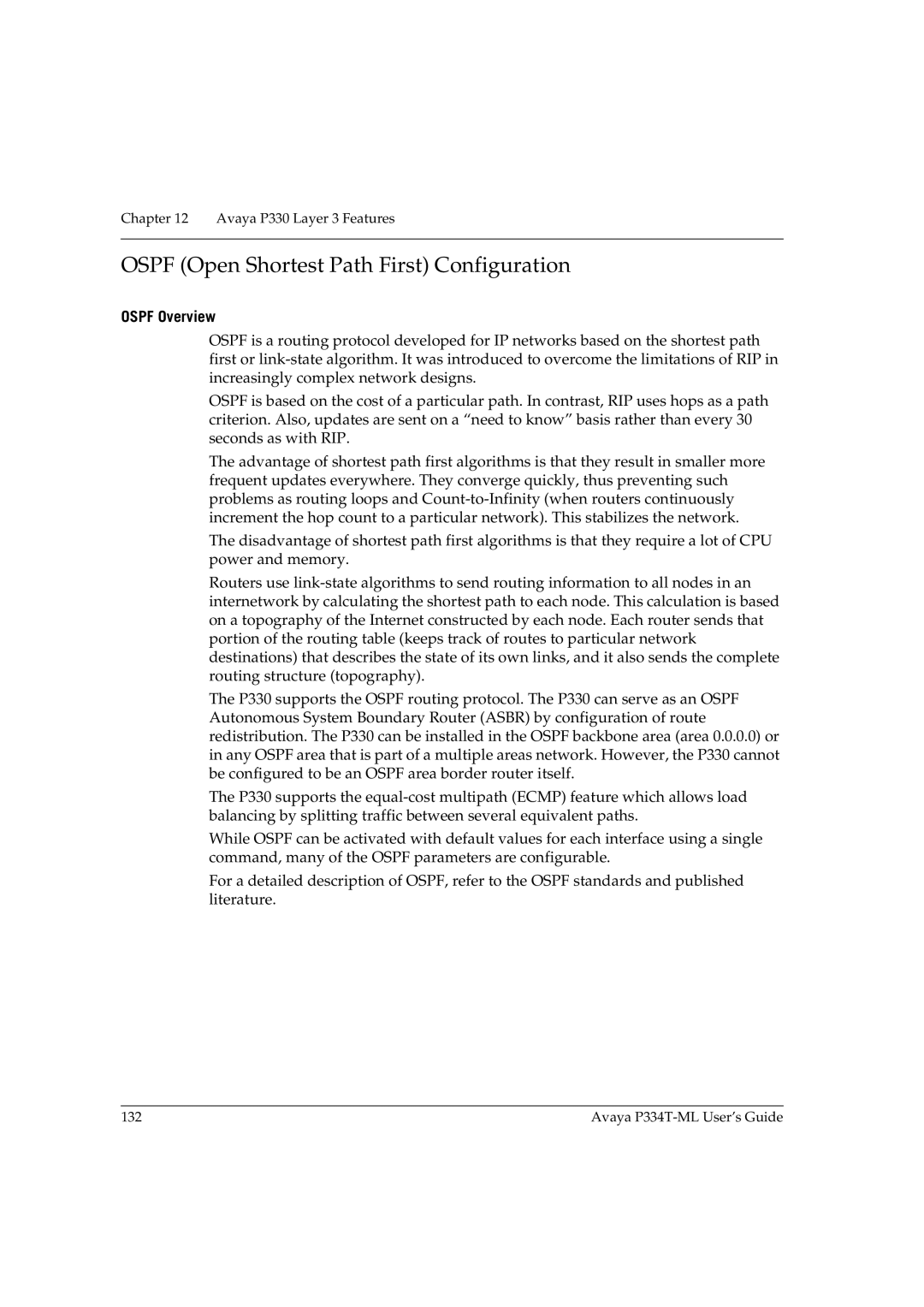 Avaya P334T-ML manual Ospf Open Shortest Path First Configuration, Ospf Overview 