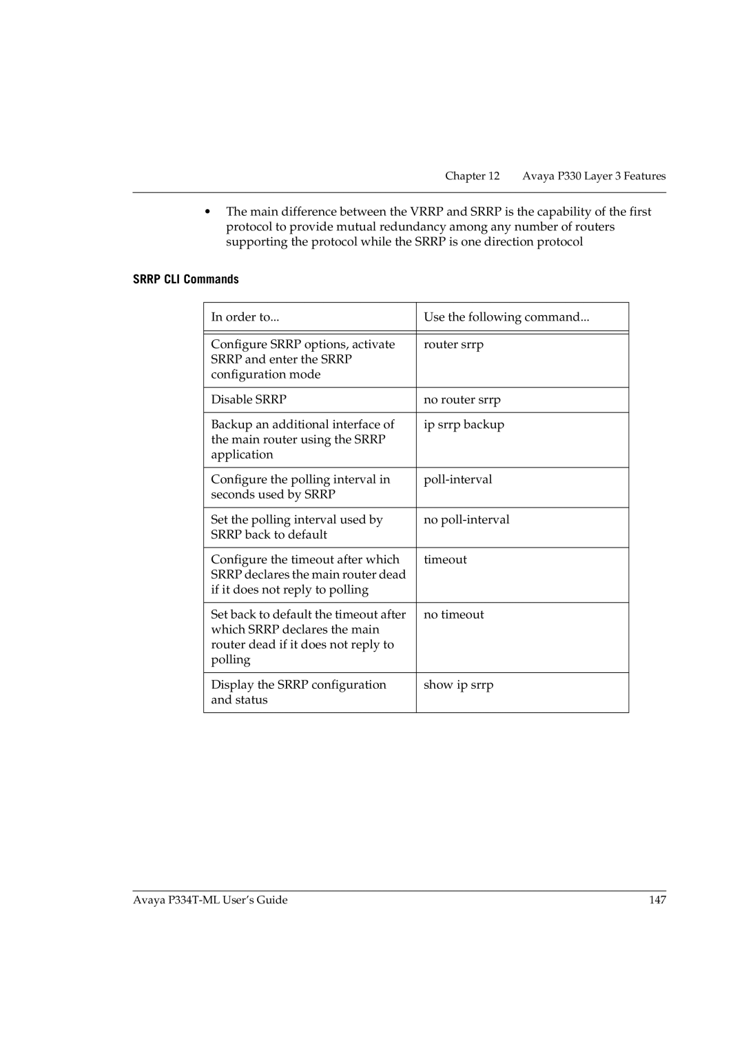 Avaya P334T-ML manual Srrp CLI Commands 