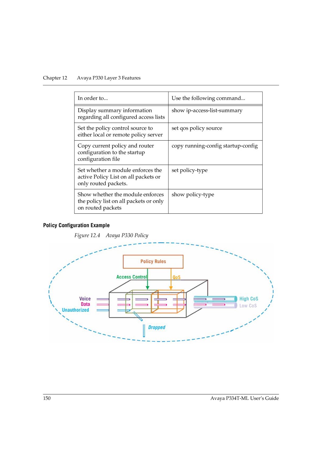 Avaya P334T-ML manual Policy Configuration Example, Avaya P330 Policy 