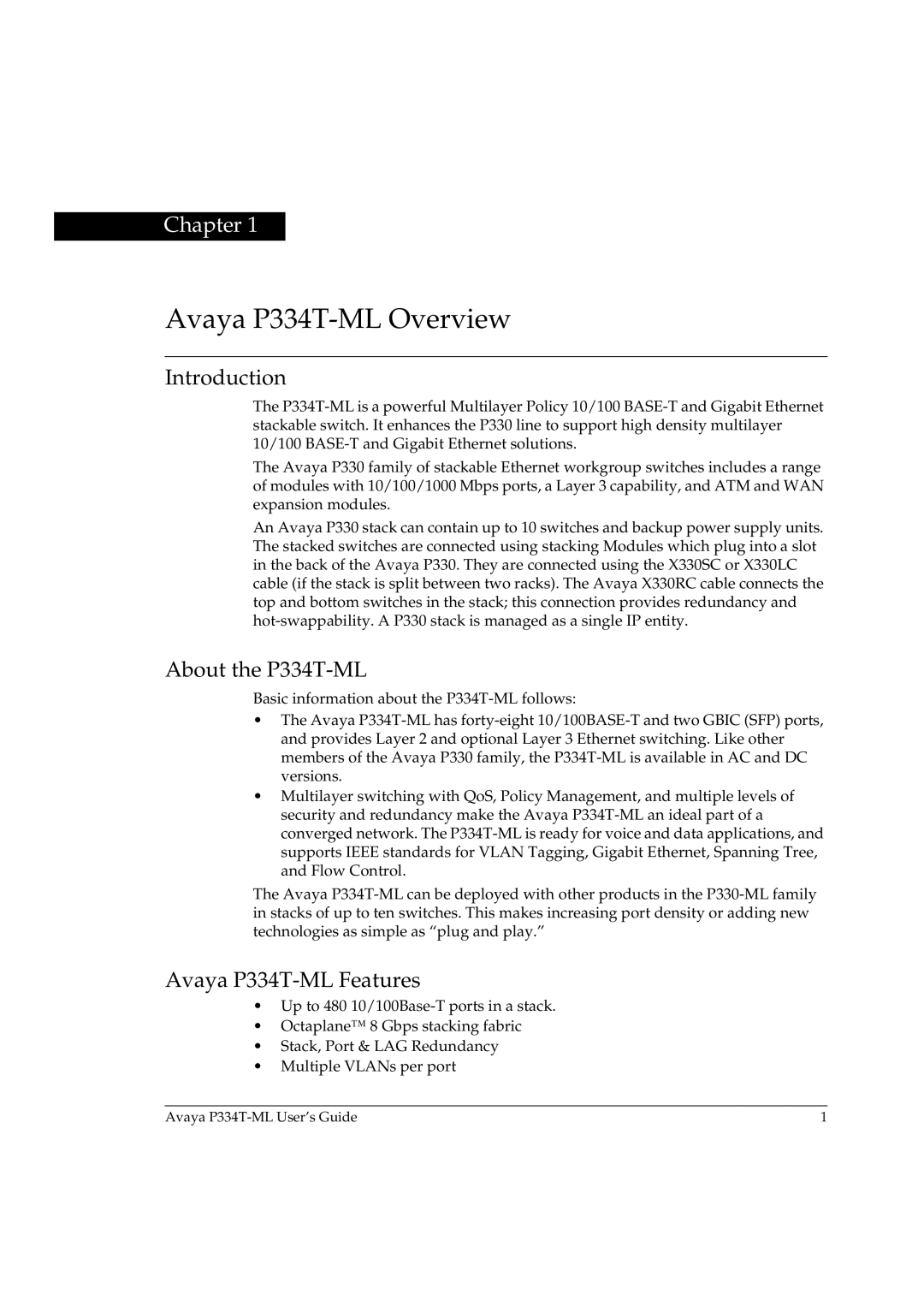 Avaya manual Avaya P334T-ML Overview, Introduction, About the P334T-ML, Avaya P334T-ML Features 