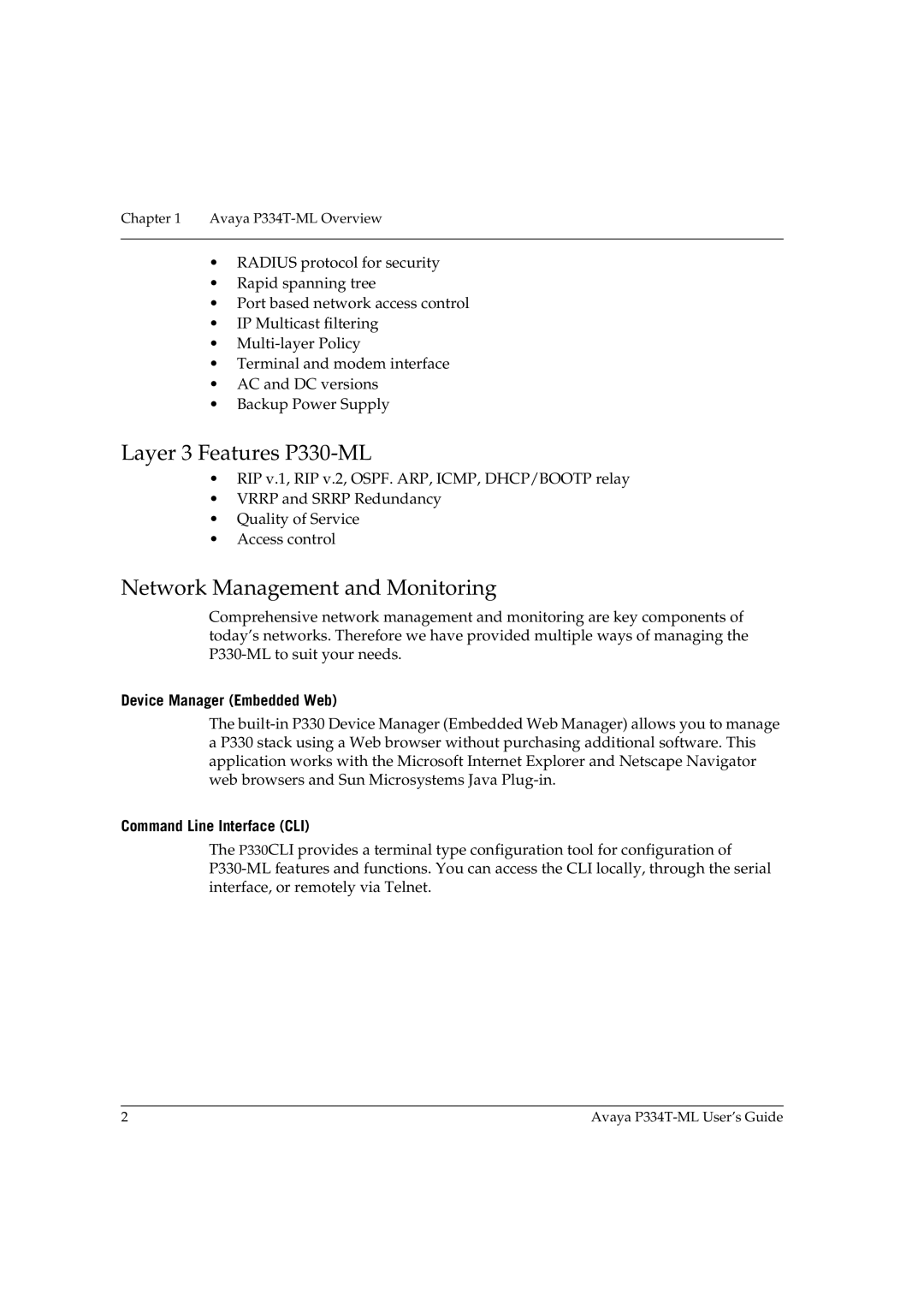 Avaya P334T-ML manual Layer 3 Features P330-ML, Network Management and Monitoring, Device Manager Embedded Web 