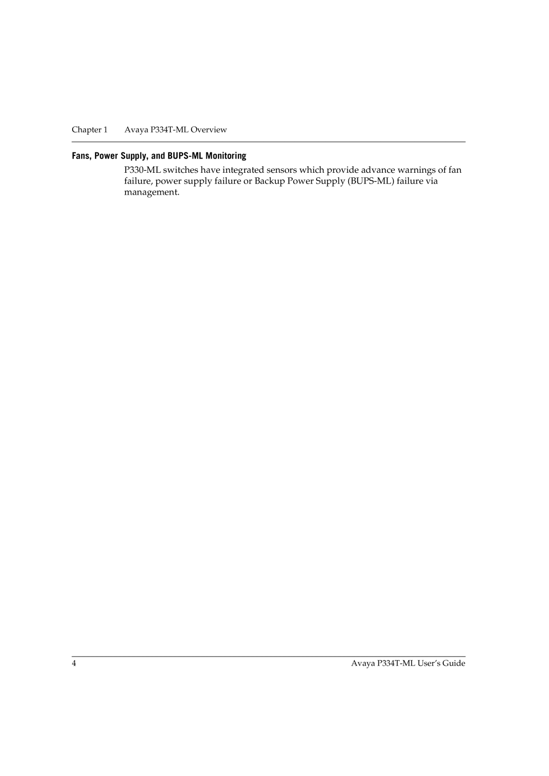 Avaya P334T-ML manual Fans, Power Supply, and BUPS-ML Monitoring 