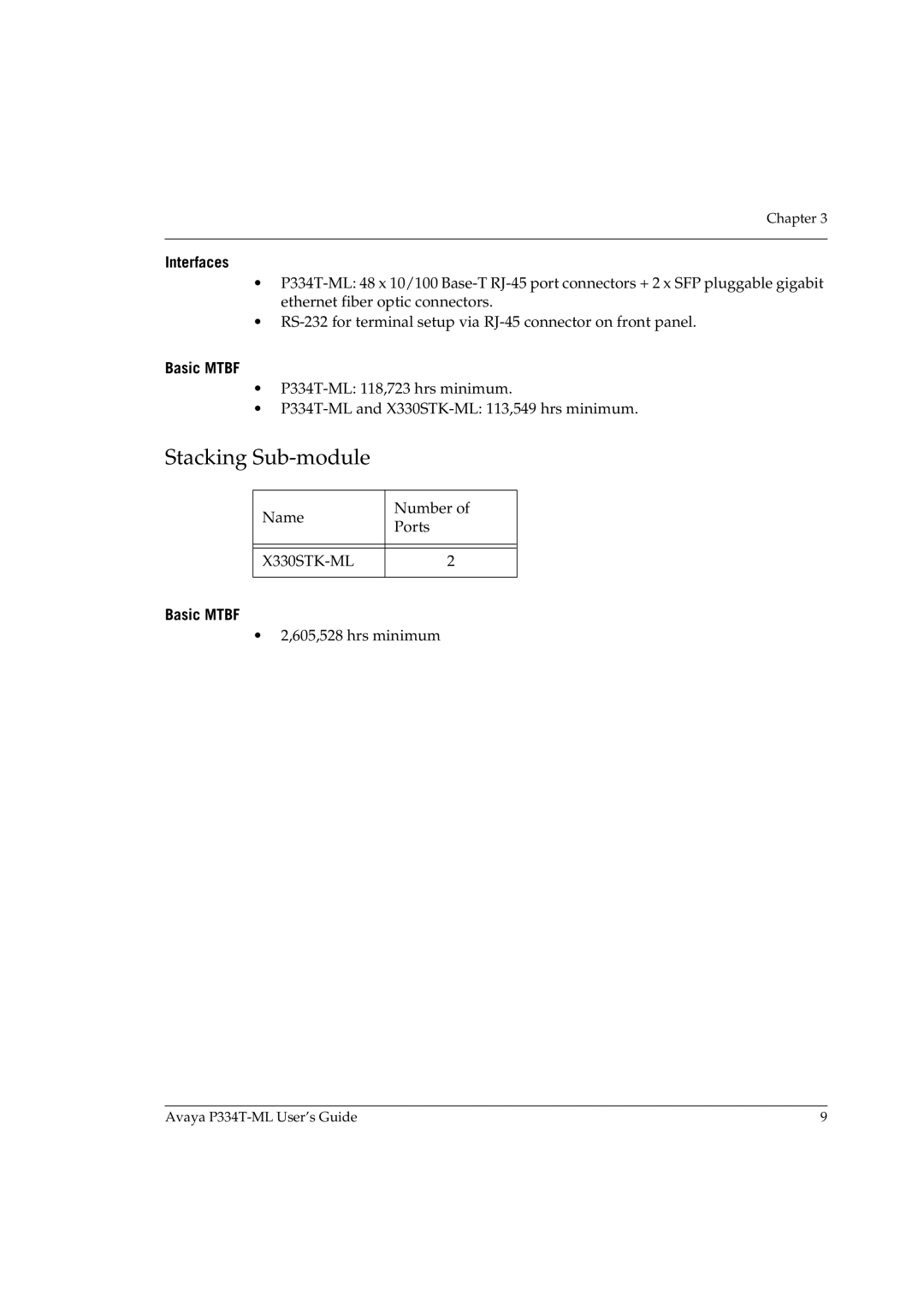 Avaya P334T-ML manual Stacking Sub-module, Interfaces, Basic Mtbf, X330STK-ML 