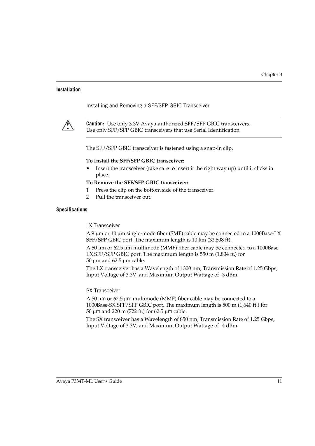 Avaya P334T-ML manual Installation, Installing and Removing a SFF/SFP Gbic Transceiver, Specifications, LX Transceiver 