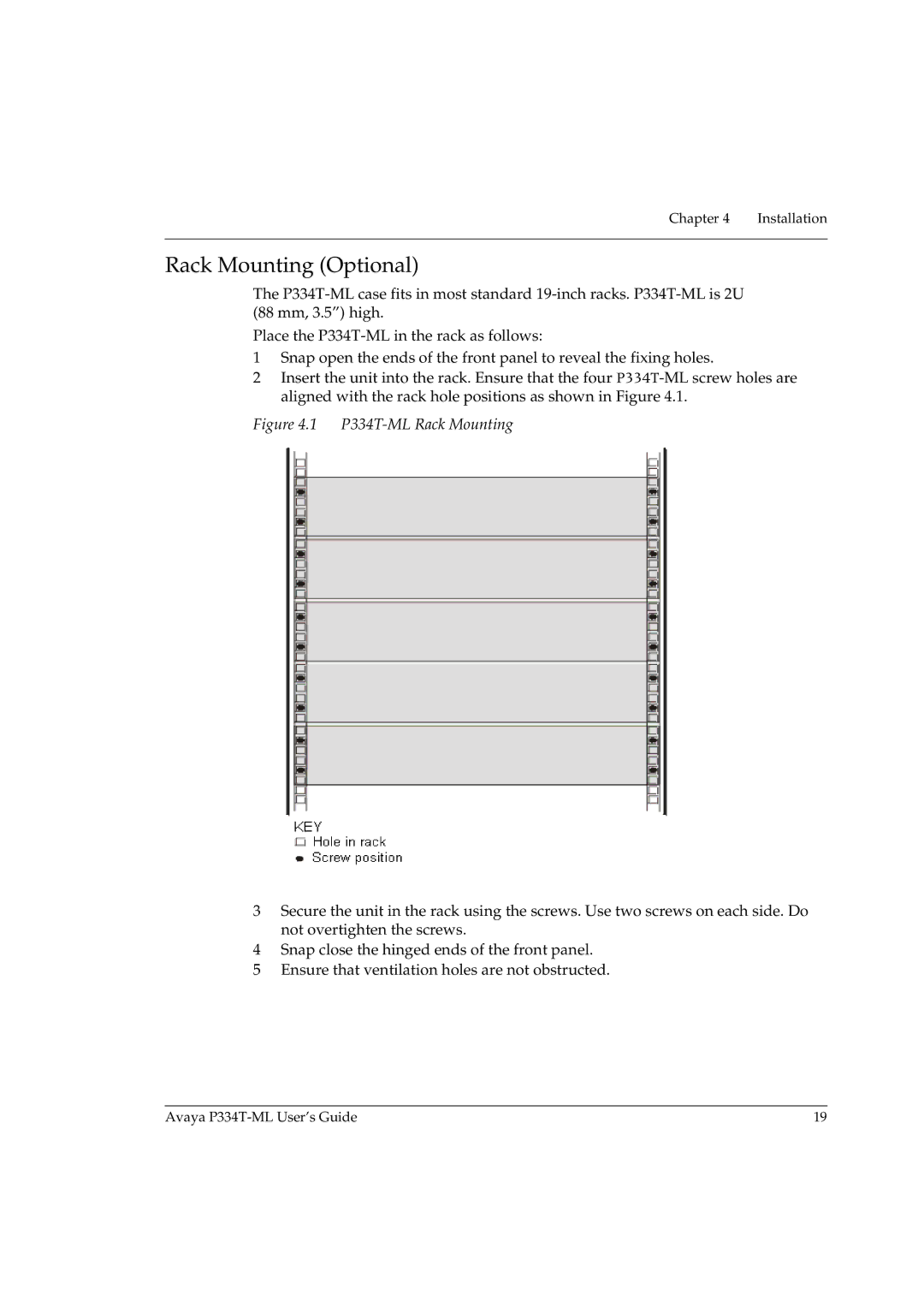 Avaya manual Rack Mounting Optional, P334T-ML Rack Mounting 