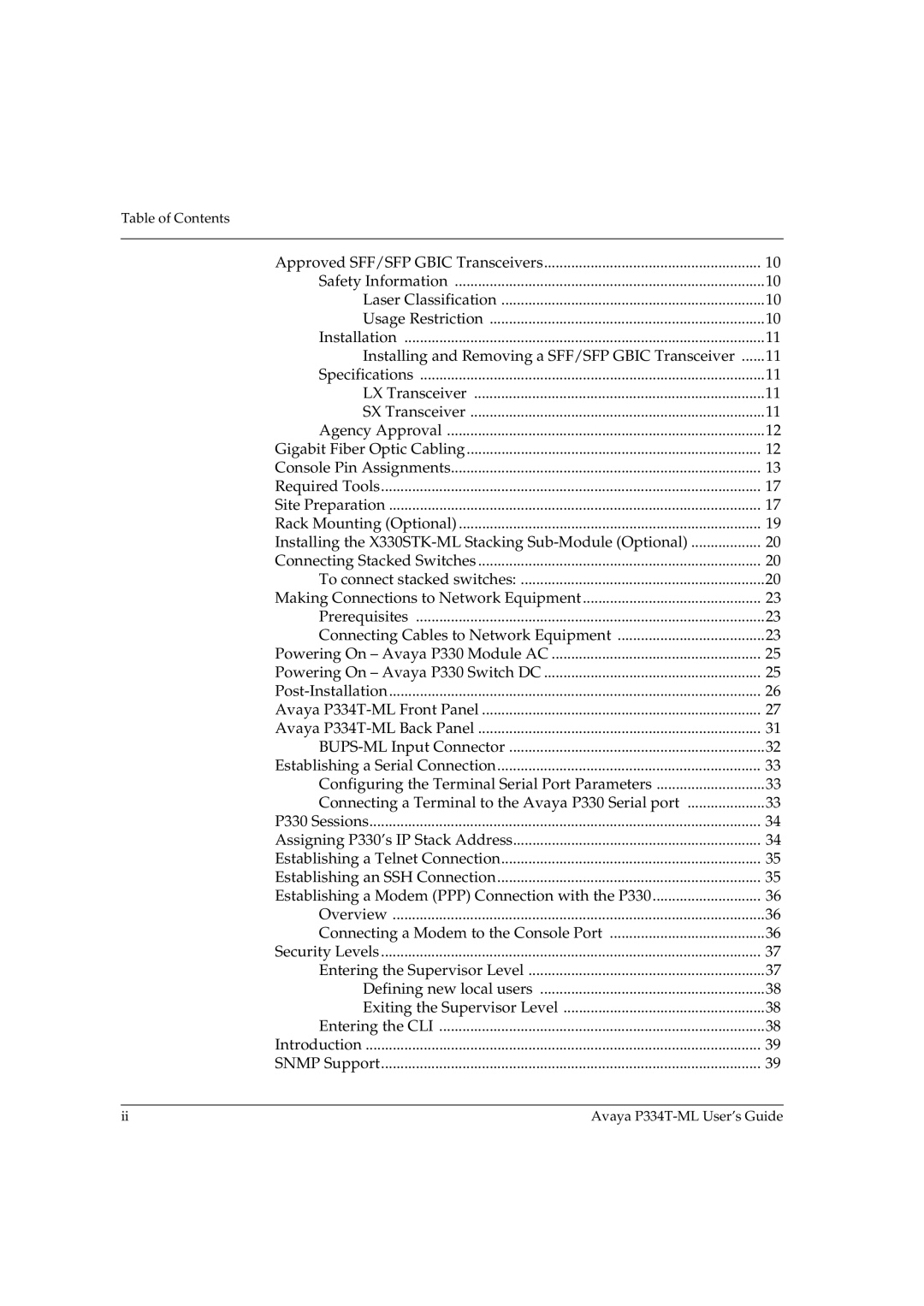 Avaya P334T-ML manual Table of Contents 